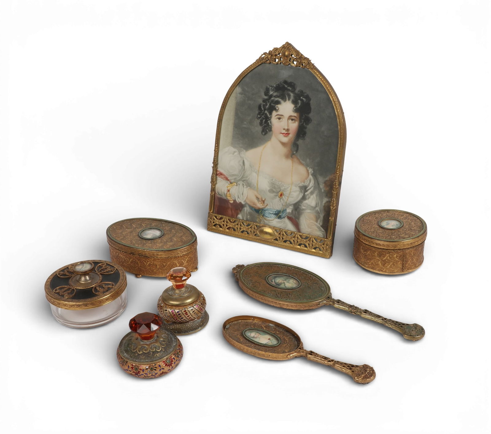 A group of seven vanity table articles together with a portrait in gilt frame (1 of 5)