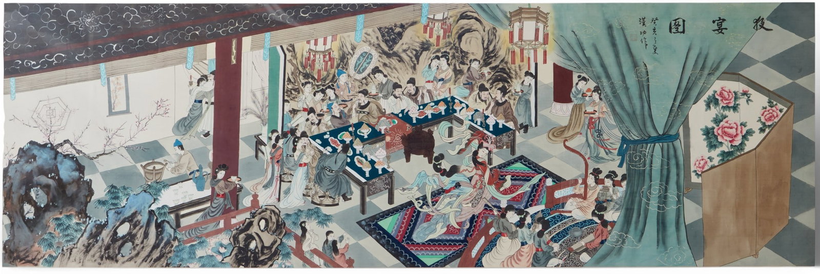A large Chinese framed painting of a palace banquet: A large Chinese framed painting of a palace banquet 51 x 144 in. (129.5 x 365.8 cm.)