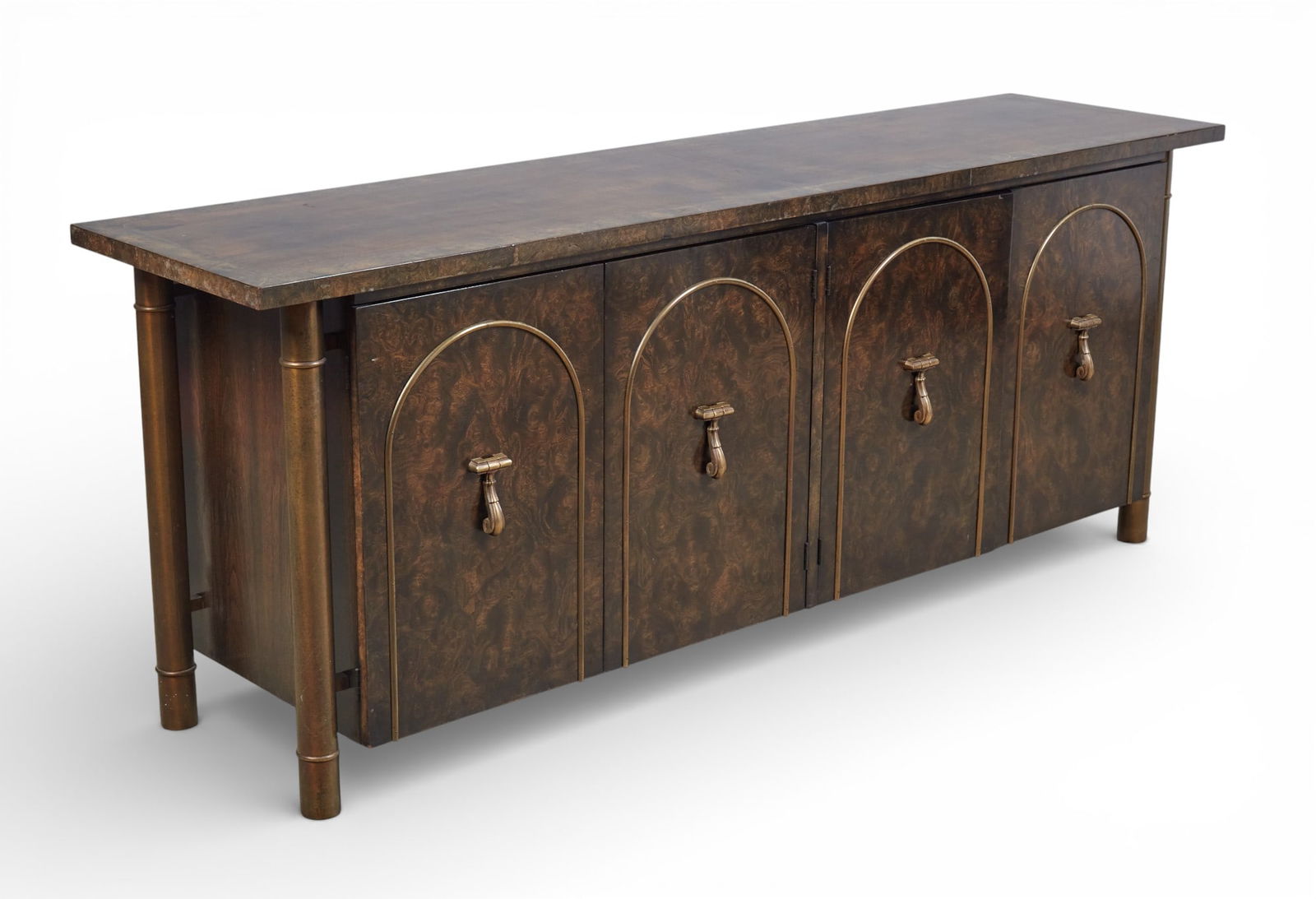 A Mastercraft burled wood and brass credenza: A Mastercraft burled wood and brass credenzaheight 31 1/4 x width 80 x depth 20 3/4 in. (79.4 x 203.2 x 52.7 cm.)