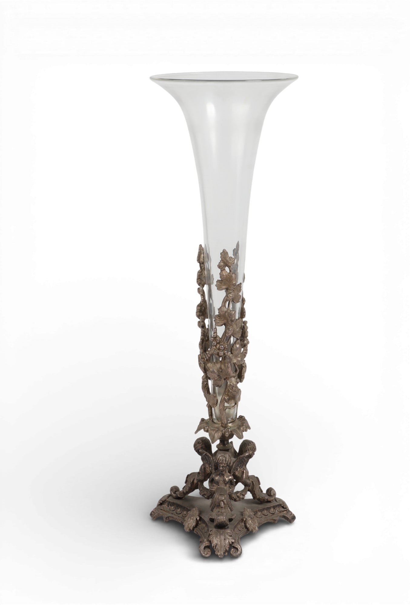 An Old English Victorian trumpet shape vase with glass liner: An Old English Victorian trumpet shape vase with glass liner height 22 x diameter 7 in. (55.9 x 17.8 cm.)