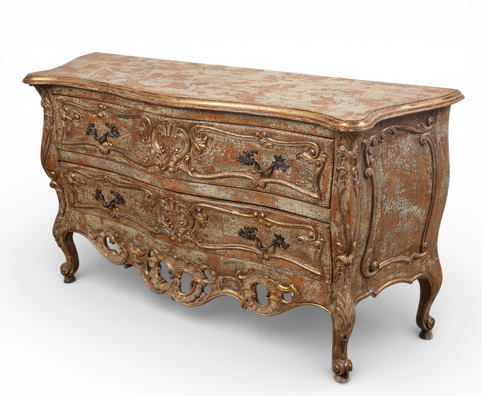 A Louis XV provincial style hand carved two drawer bombay chest: A Louis XV provincial style hand carved two drawer bombay chest height 35 x width 58 x depth 20 in. (88.9 x 147.3 x 50.8 cm.)
