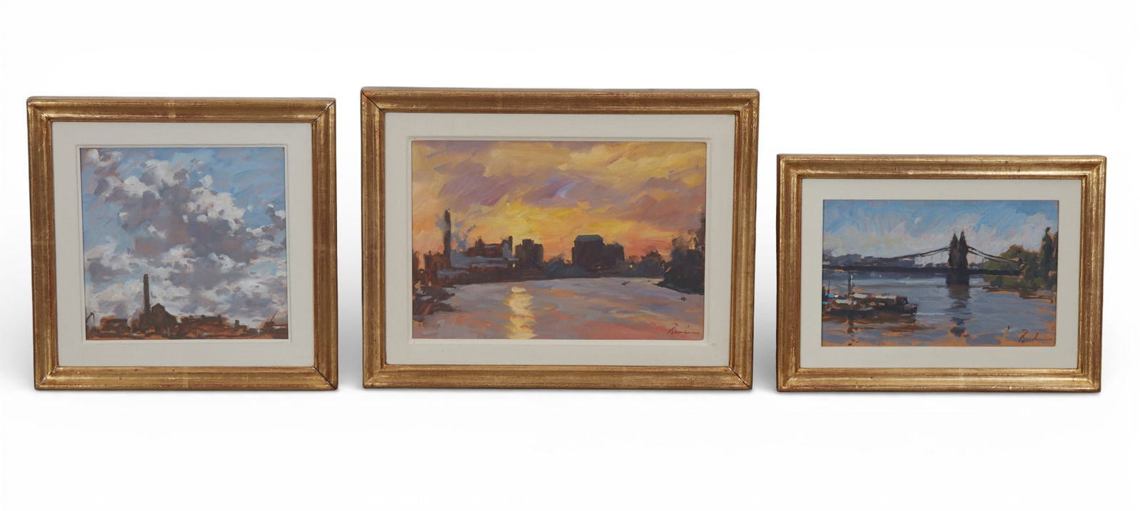 David Bachmann , 'Chelsea sky study', 'Hammersmith Bridge silhouette', and 'Mortlake at Sunset', oil: David Bachmann 'Chelsea sky study', 'Hammersmith Bridge silhouette', and 'Mortlake at Sunset' oil on board David Bachmann Views of the Thames Largest Framed: 13 x 17 in. (33 x 43.2 cm.)