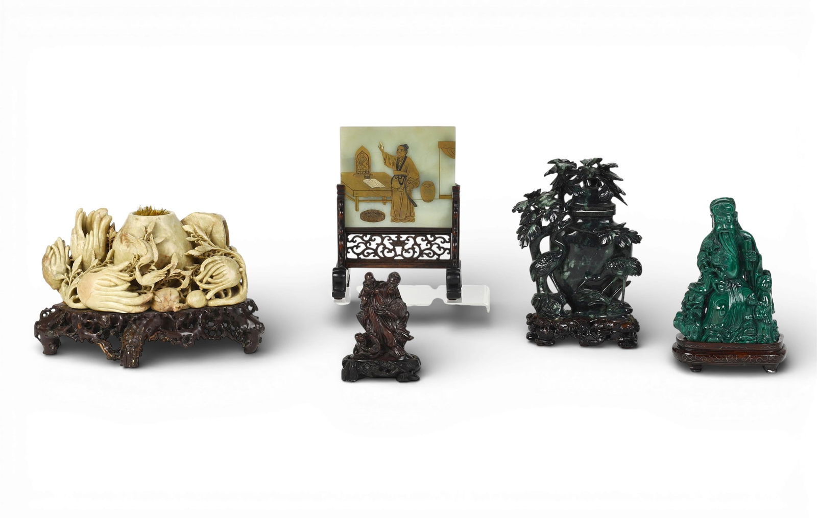 A group of five Chinese carved hardstone table decorations: A group of five Chinese carved hardstone table decorationsScreen; height 8 1/2in (22cm); width 6 1/4in (16cm); depth 4in (10cm) Provenance:Property from a Private Collection, Beverly Hills, California