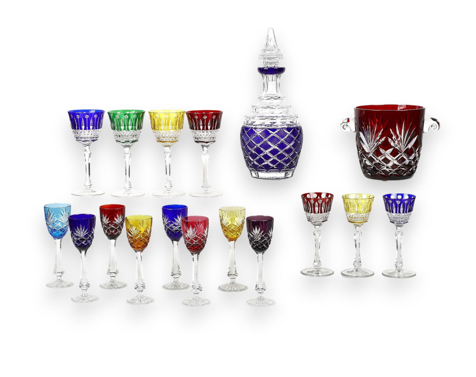 A group of modern Faberge colored cut to clear table glass: A group of modern Faberge colored cut to clear table glassComprising an Anichkov blue decanter and stopper (chip to stopper), four 7 1/2in King Louis wine glasses, three 6in King Louis wine glasses, e