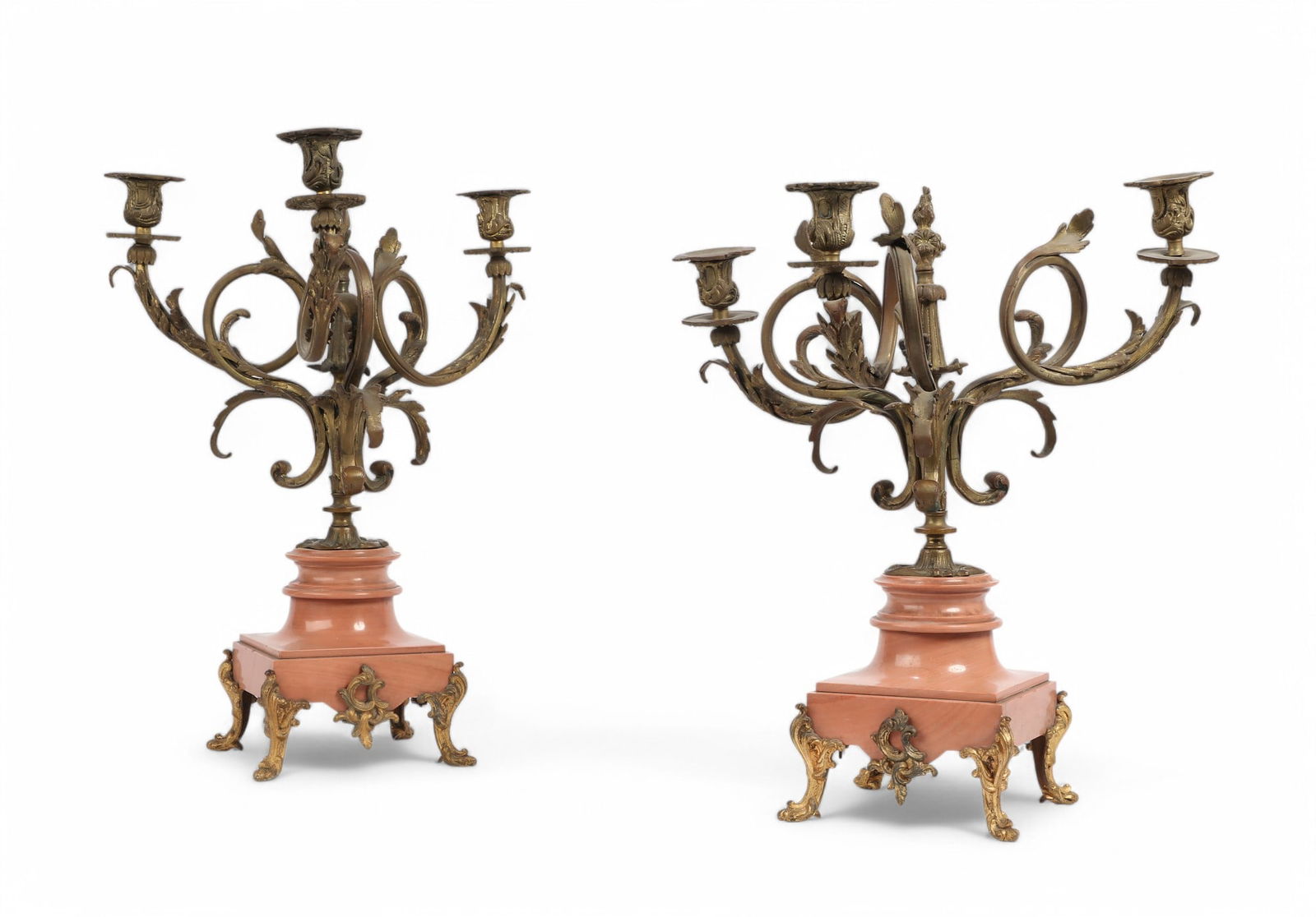 A pair of Continental gilt bronze and marble three light candelabra, 20th century (1 of 3)