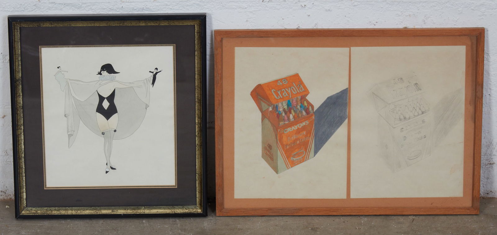 A group of two drawings, one depicting box of crayons and the other depicting a model with puppets (1 of 4)