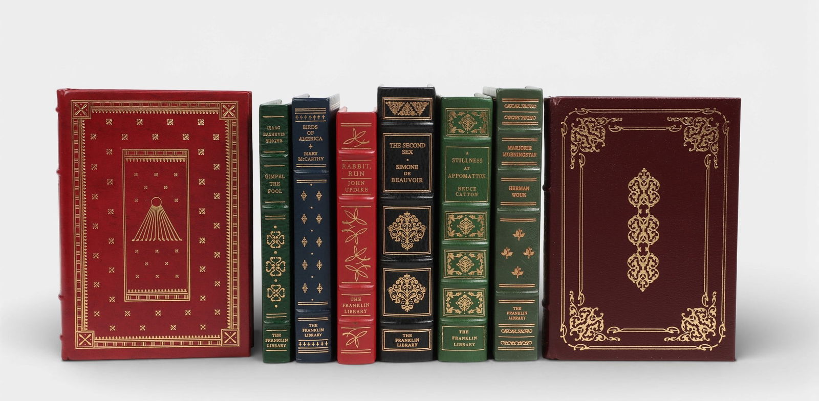 A group of eight signed first edition Franklin Library leather bound books: A group of eight signed first edition Franklin Library leather bound bookslot includes: 1. The Second Sex. Simone de Beauvoir. 1979. 2. Rabbit Run. John Updike. 1977. 3. Gimpel the Fool. Isaac Bashevi