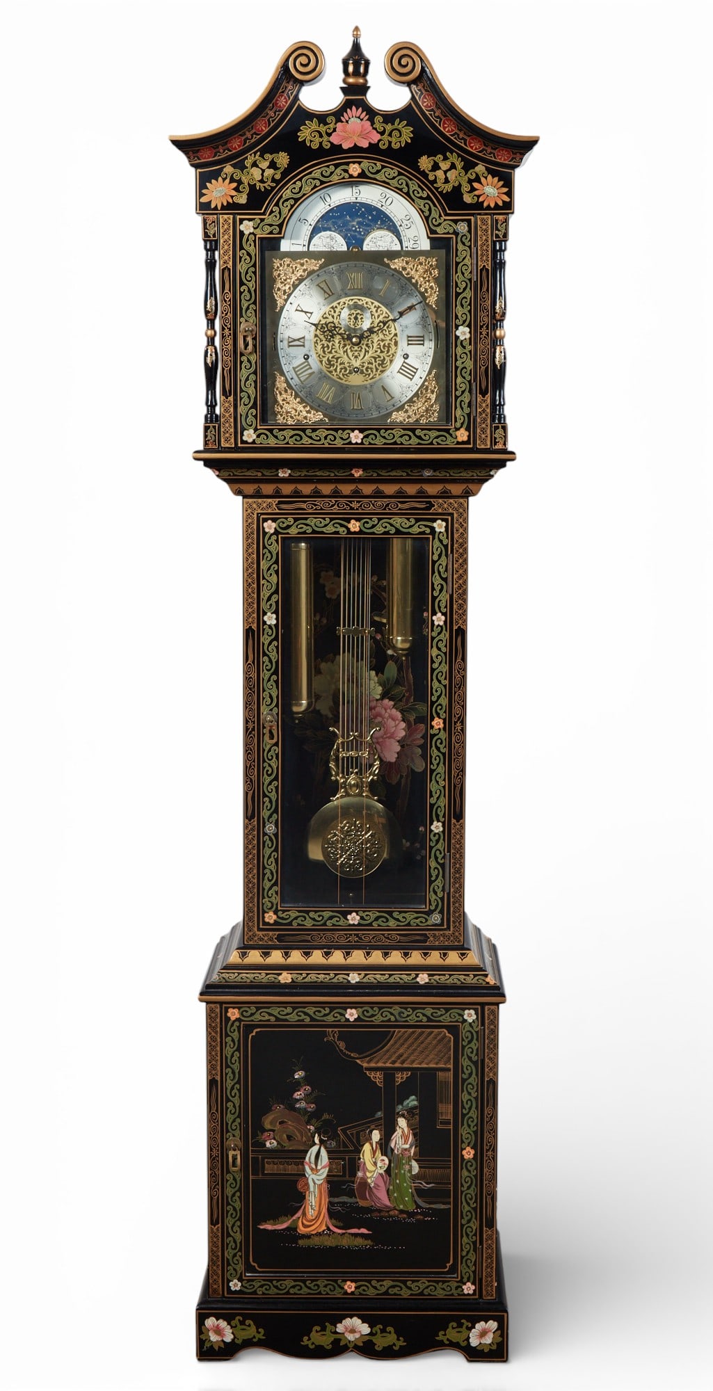 A black lacquered chinoiserie grandfather clock: A black lacquered chinoiserie grandfather clock height 83 x width 20 x depth 12 in. (210.8 x 50.8 x 30.5 cm.)