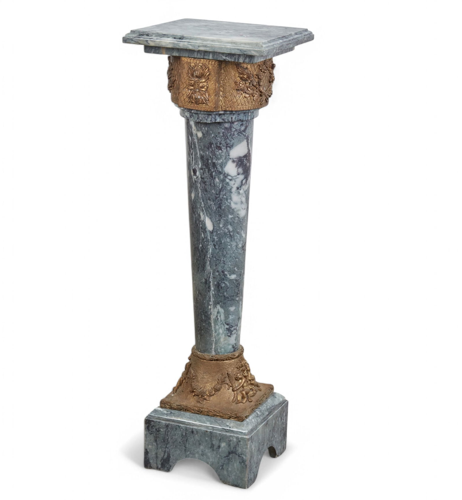 A Neoclassical style gilt metal mounted marble pedestal, 20th century: A Neoclassical style gilt metal mounted marble pedestal 20th century height 44 1/4in (110.5cm); width 14in (35cm) square
