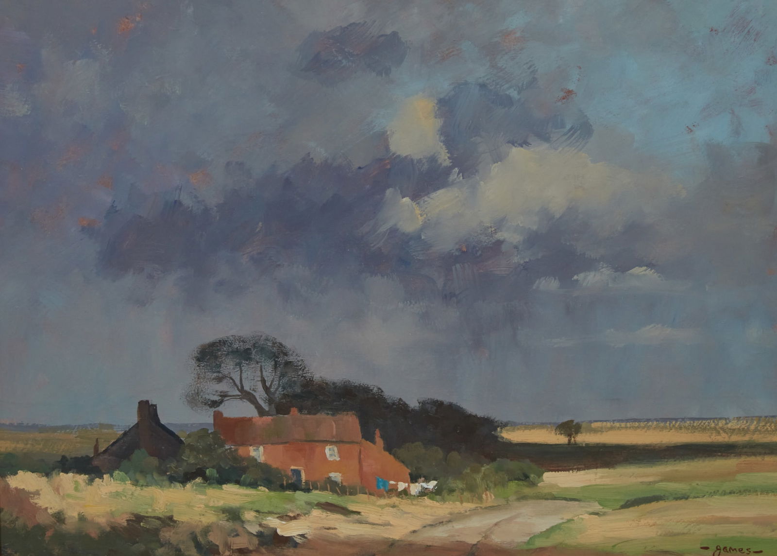 A painting of a cottage in a field with gilt wood frame: A painting of a cottage in a field with gilt wood frame 17 x 21 in. (43.2 x 53.3 cm.)