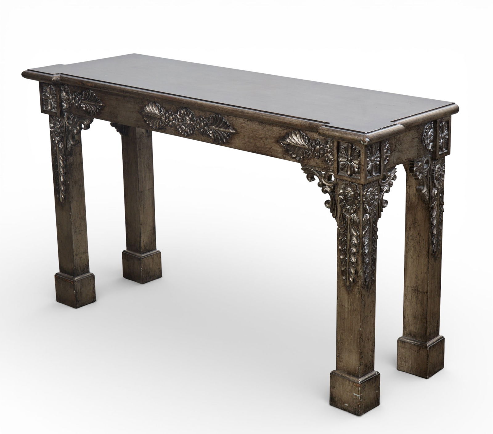 A silver painted console console: A silver painted console console height 32 x width 56 x depth 17 in. (81.3 x 142.2 x 43.2 cm.)