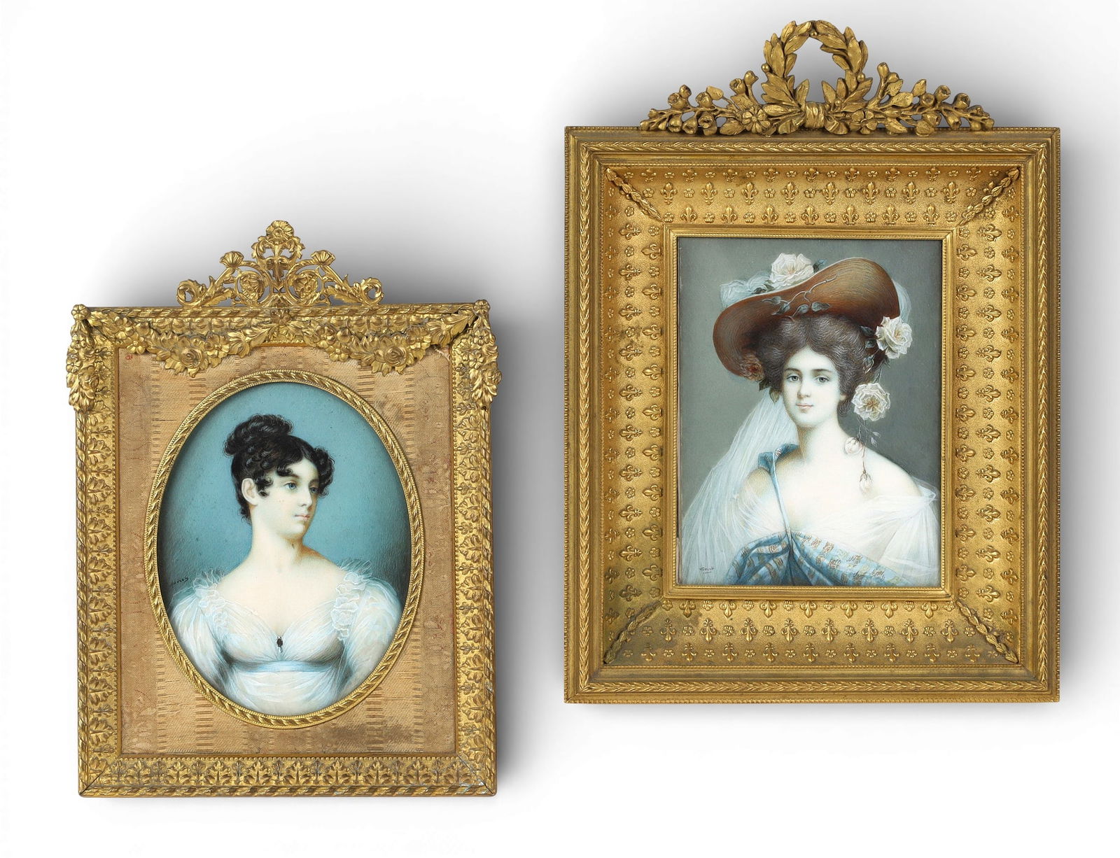 A group of 2 portraits in gilt bronze frames: A group of 2 portraits in gilt bronze framesLargest framed: 9 1/4 x 7 in. (23.5 x 17.8 cm.)