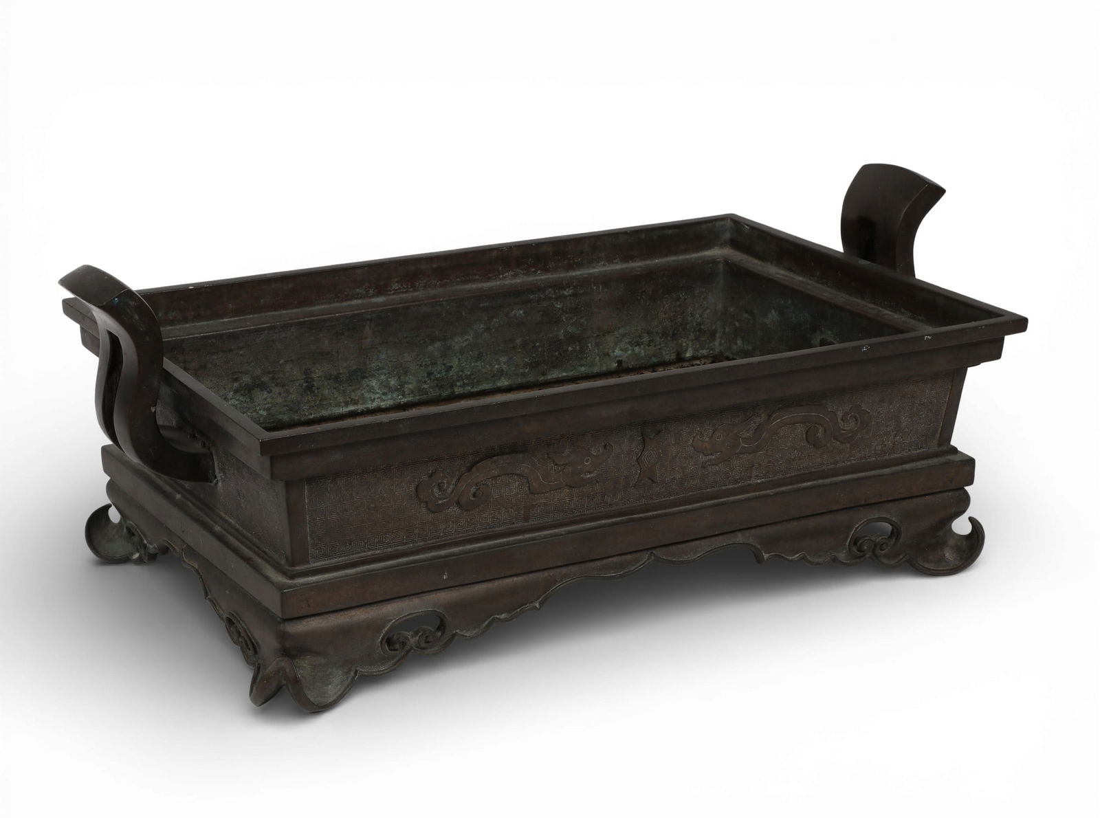 A Japanese bronze Suiban bonzai planter: A Japanese bronze Suiban bonzai planter height 8 x width 22 x depth 11 1/2 in. (20.3 x 55.9 x 29.2 cm.)