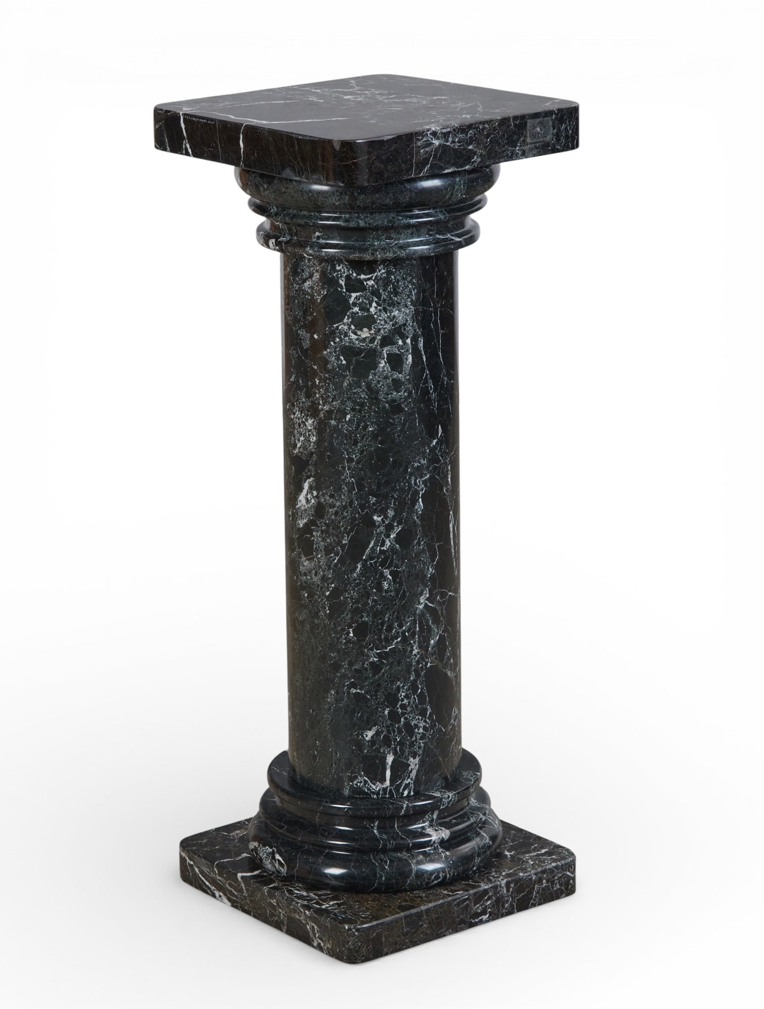 A black and white variegated marble pedestal, modern: A black and white variegated marble pedestal modern height 38 1/2in (96cm); width 13 3/4in (34.5cm) square Provenance: Property from a Private Collection, Beverly Hills, California.