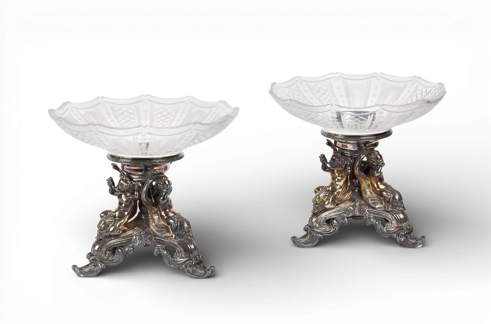 A pair of Christofle style silver plated centerpieces with etched glass liners (1 of 6)