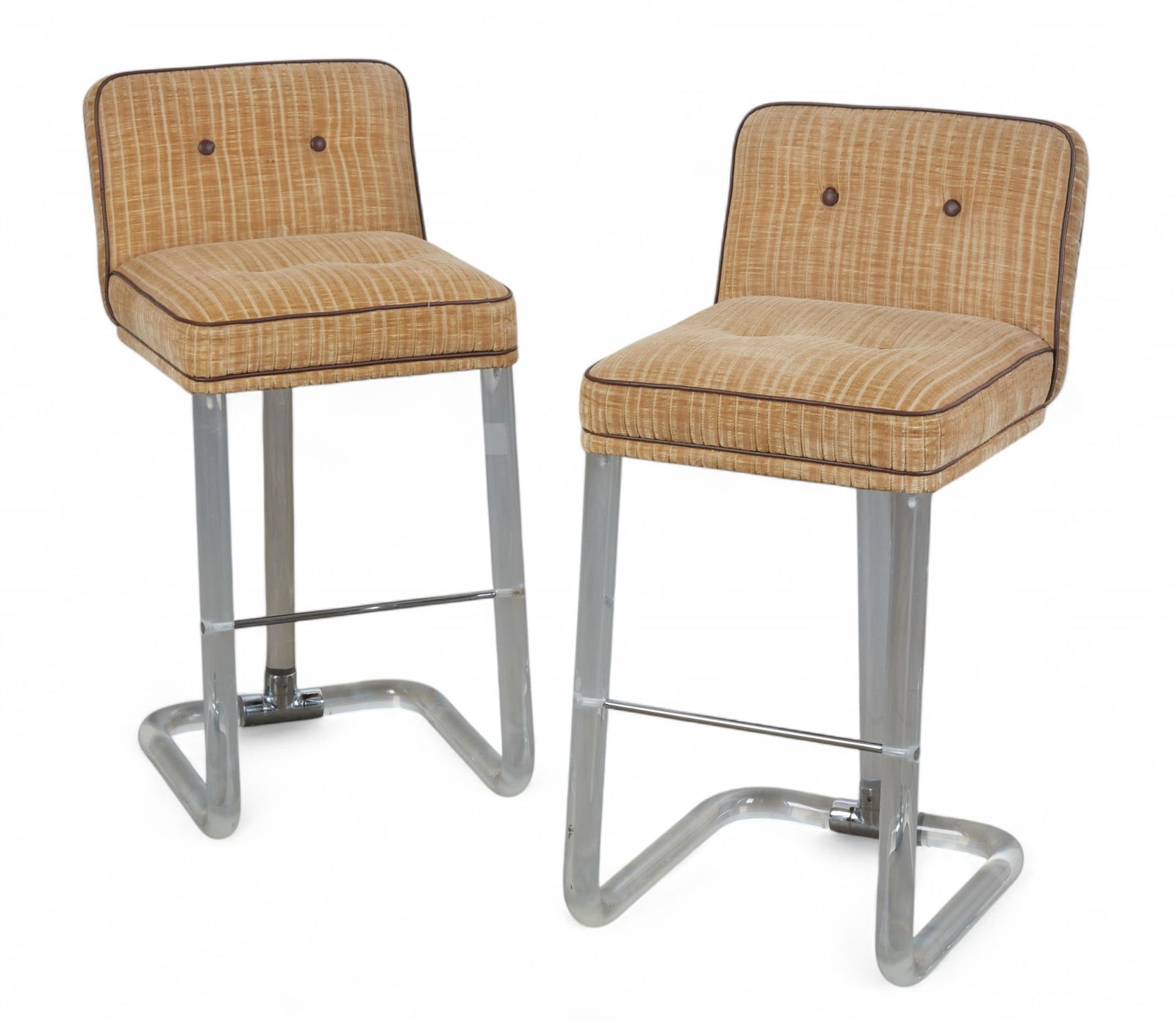 A pair of Lion and Frost chrome mounted lucite bar stools, 1970s: A pair of Lion and Frost chrome mounted lucite bar stools1970sEach inscribed Lion in Frost to back leg.height 35 1/2in (90cm); width 17in (43cm); depth of seat 15in (38cm) Provenance:Pro