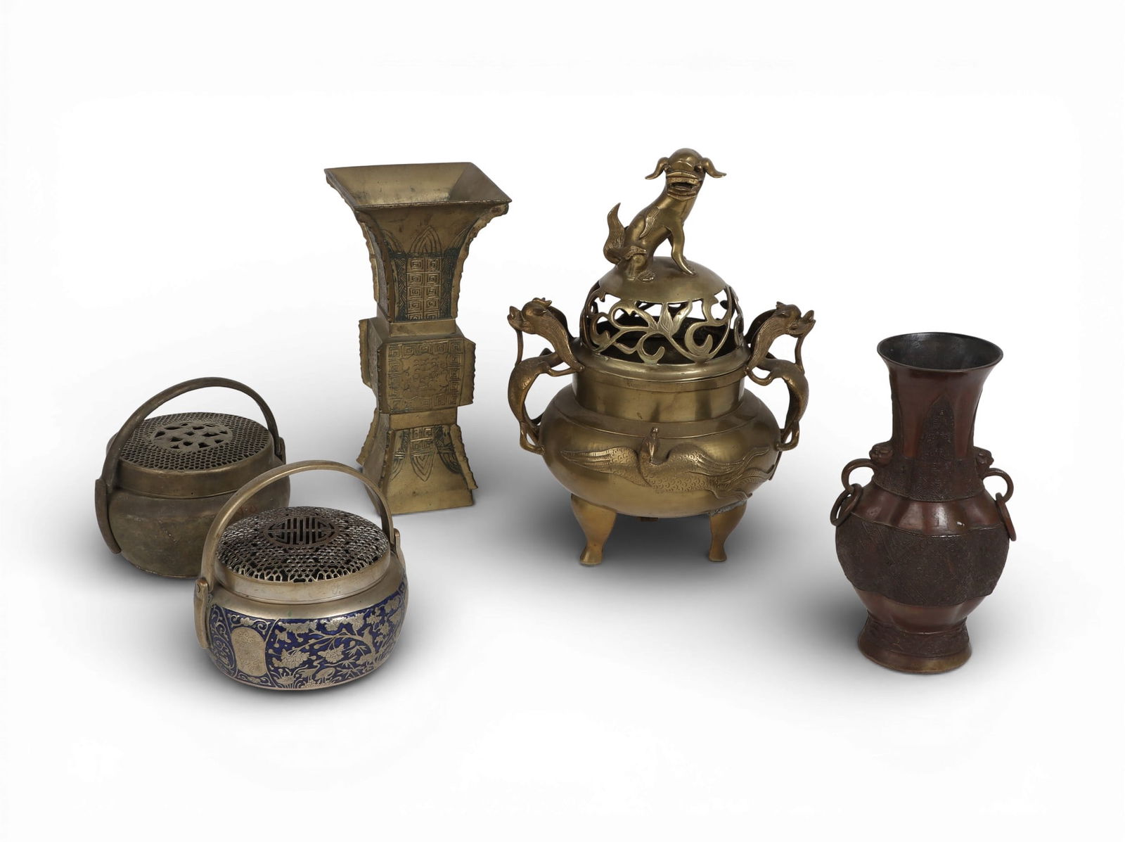 A group of five metal Chinese table articles (1 of 5)