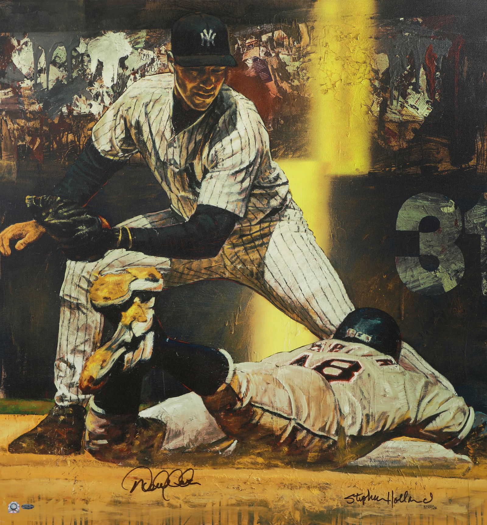 Stephen Holland (American, 1941-), Derek Jeter Making the Tag, signed, giclee print with hand (1 of 5)