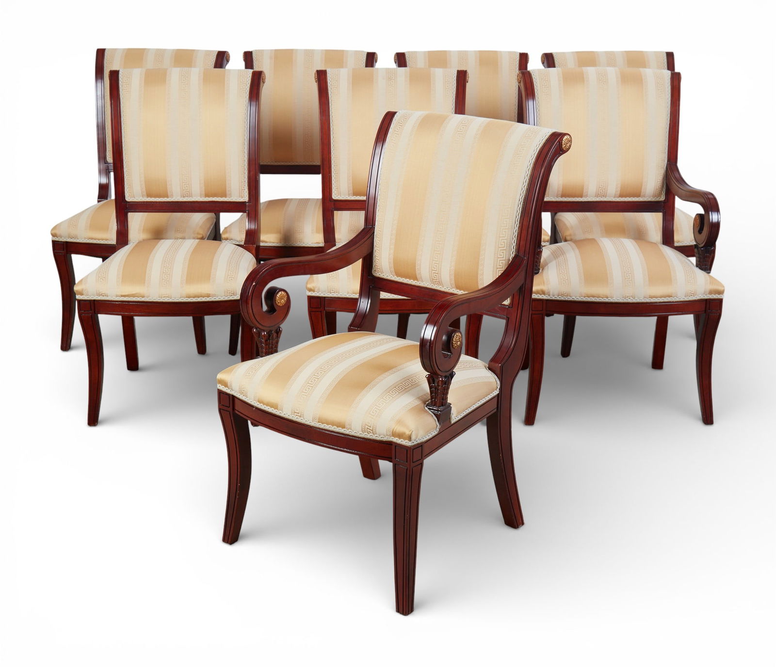 A set of eight mahogany dinning room chairs with striped silk upholstery (1 of 8)