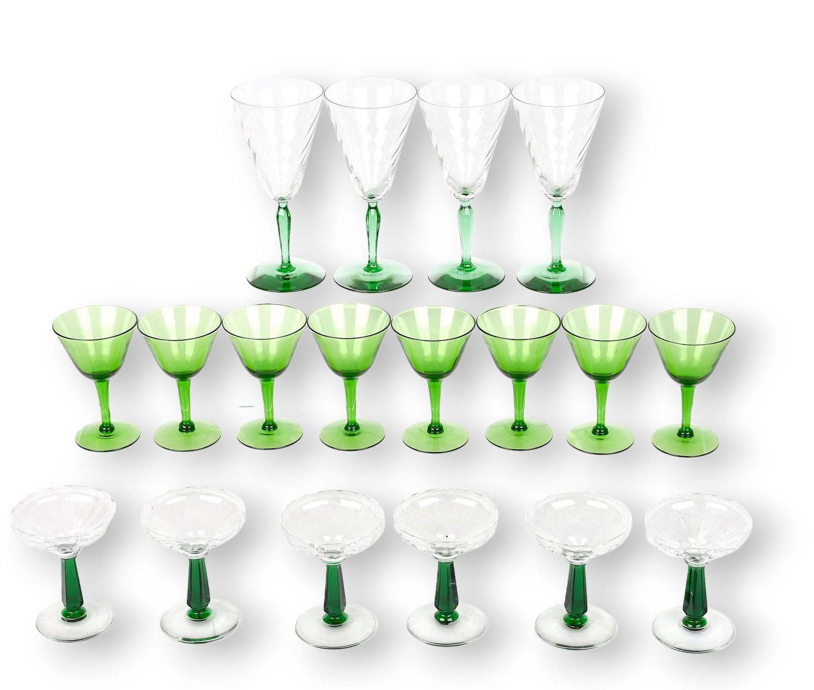 A group of eighteen art deco style glasses with green stem (1 of 3)