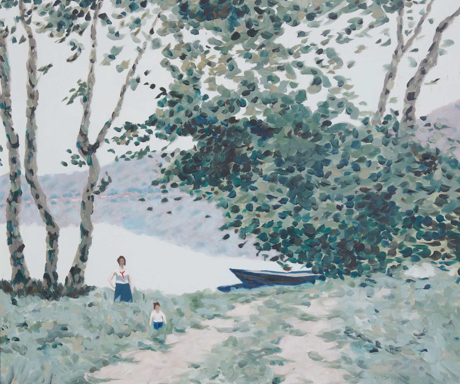 A oil on canvas painting depicting an impressionist style lakeside scene with figures: A oil on canvas painting depicting an impressionist style lakeside scene with figures Framed: 28 x 32 in. (71.1 x 81.3 cm.)