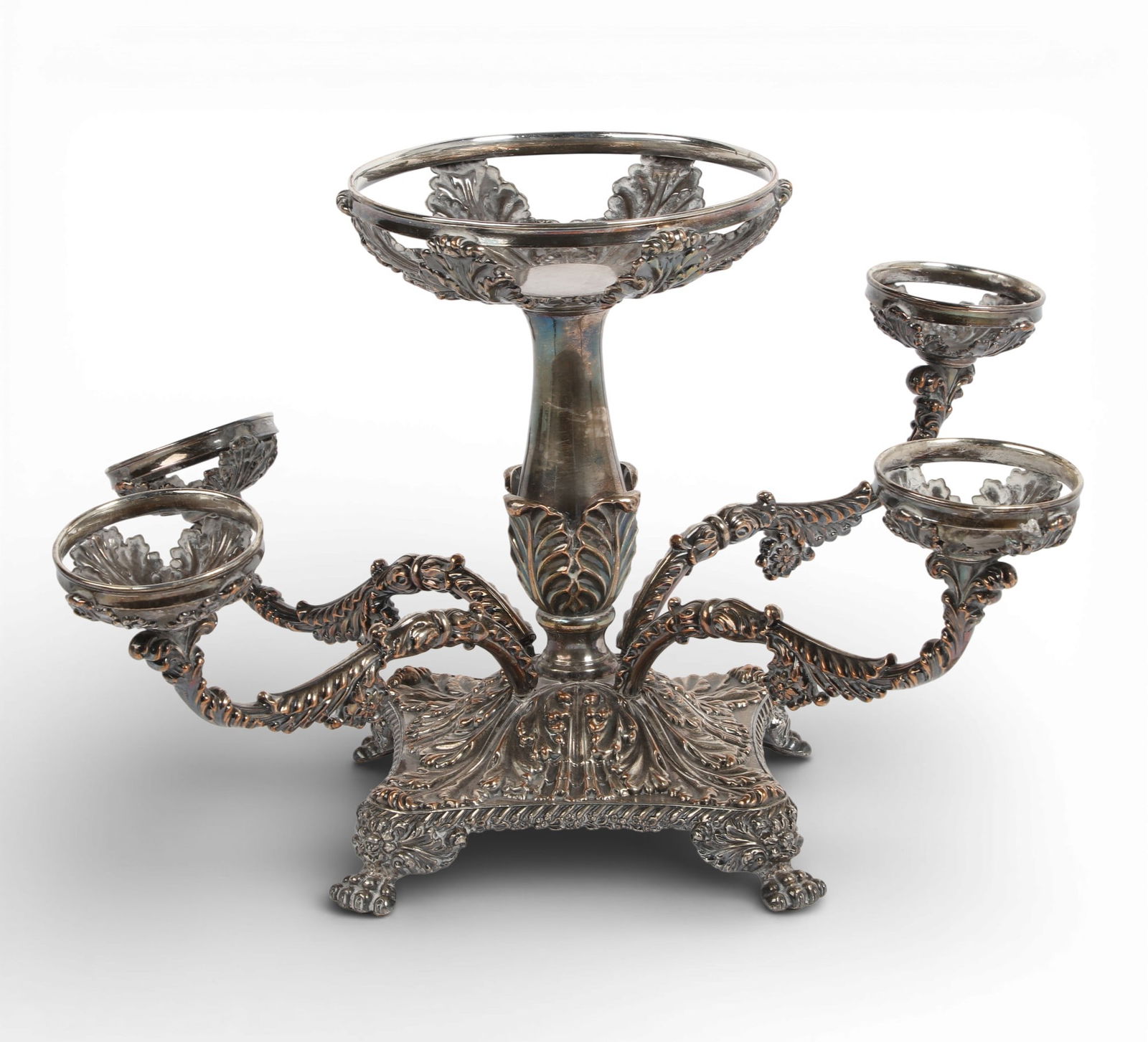 An antique Sheffield four arm epergne lacking glass liners (1 of 6)