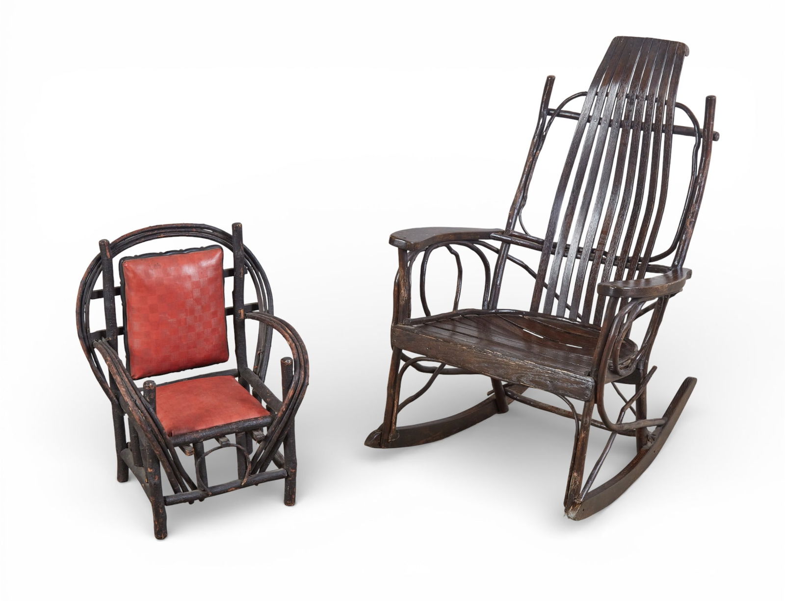 A rustic rocking chair together with a rustic childs chair (1 of 9)