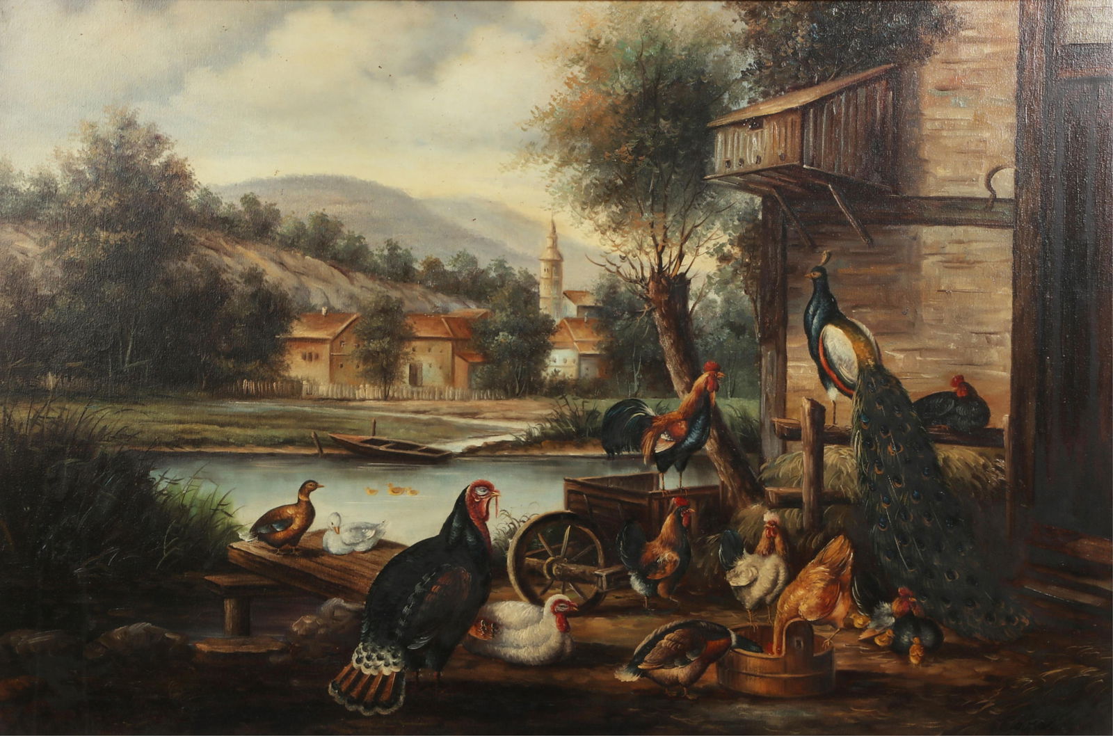 A painting of a river view with a chicken farm (1 of 4)