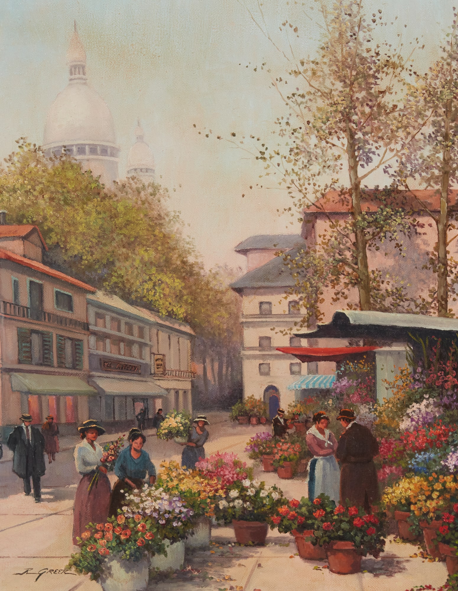 A street scene painting signed R. Greer: A street scene painting signed R. Greer Framed: 27 x 23 in. (68.6 x 58.4 cm.)