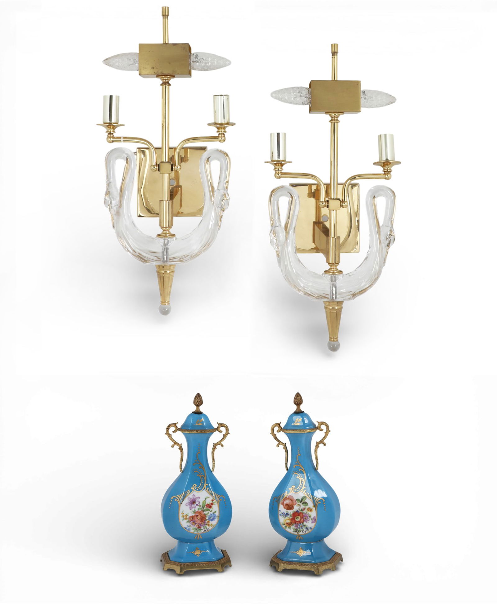 A pair of contemporary glass and brass swan form wall lights, together with ba pair of gilt metal (1 of 8)
