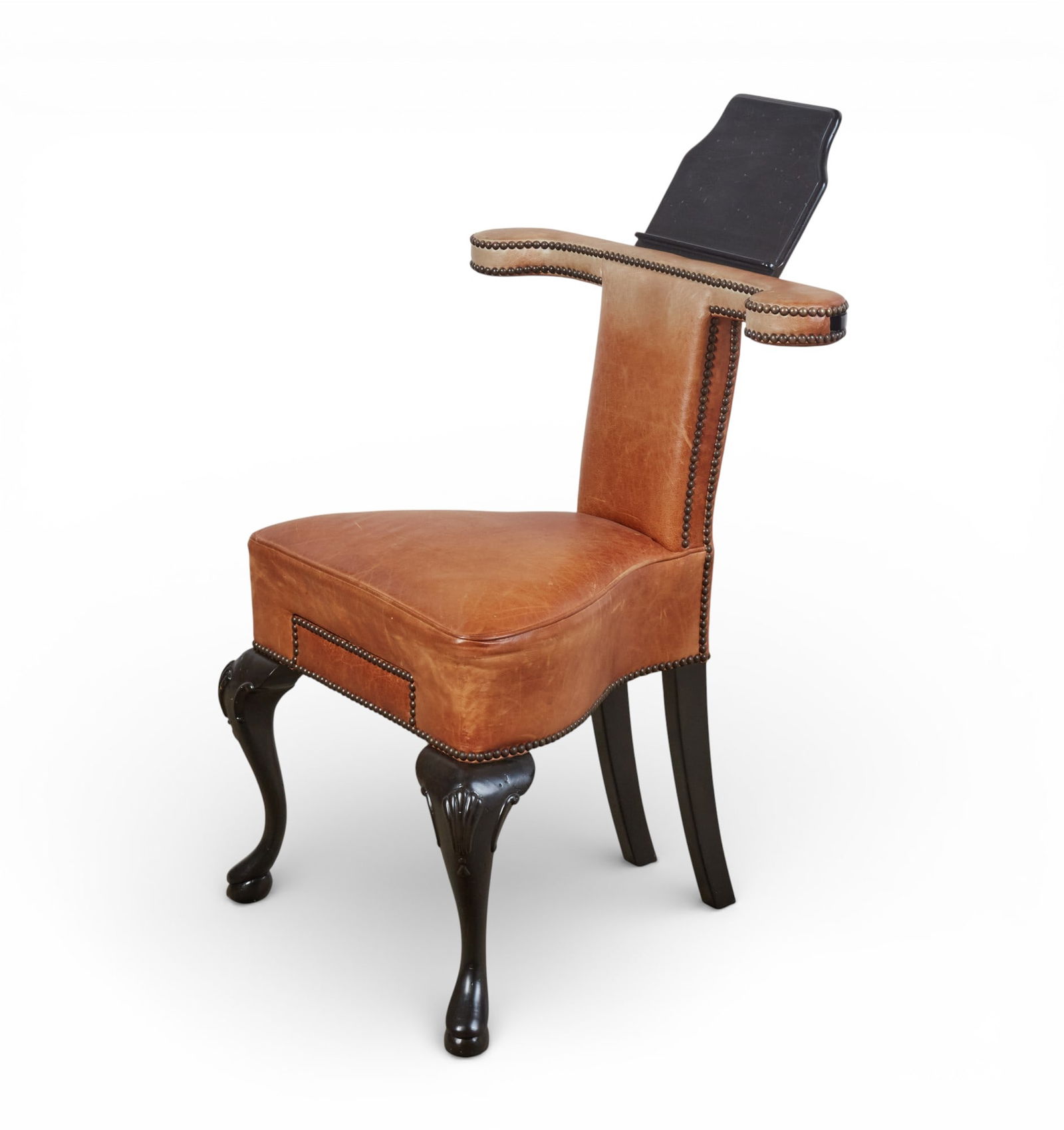 An english queen anne style reading chair with brown leather upholstery (1 of 9)