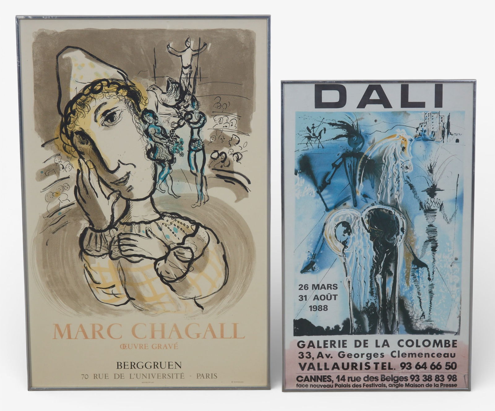 Two exhibition posters; Marc Chagall and Salvador Dali: Two exhibition posters; Marc Chagall and Salvador Dali lot includes two framed exhibition posters: the Marc Chagall printed and published by Mourlot, Paris Largest: 34 x 22 in (86.4 x 55.9 cm)