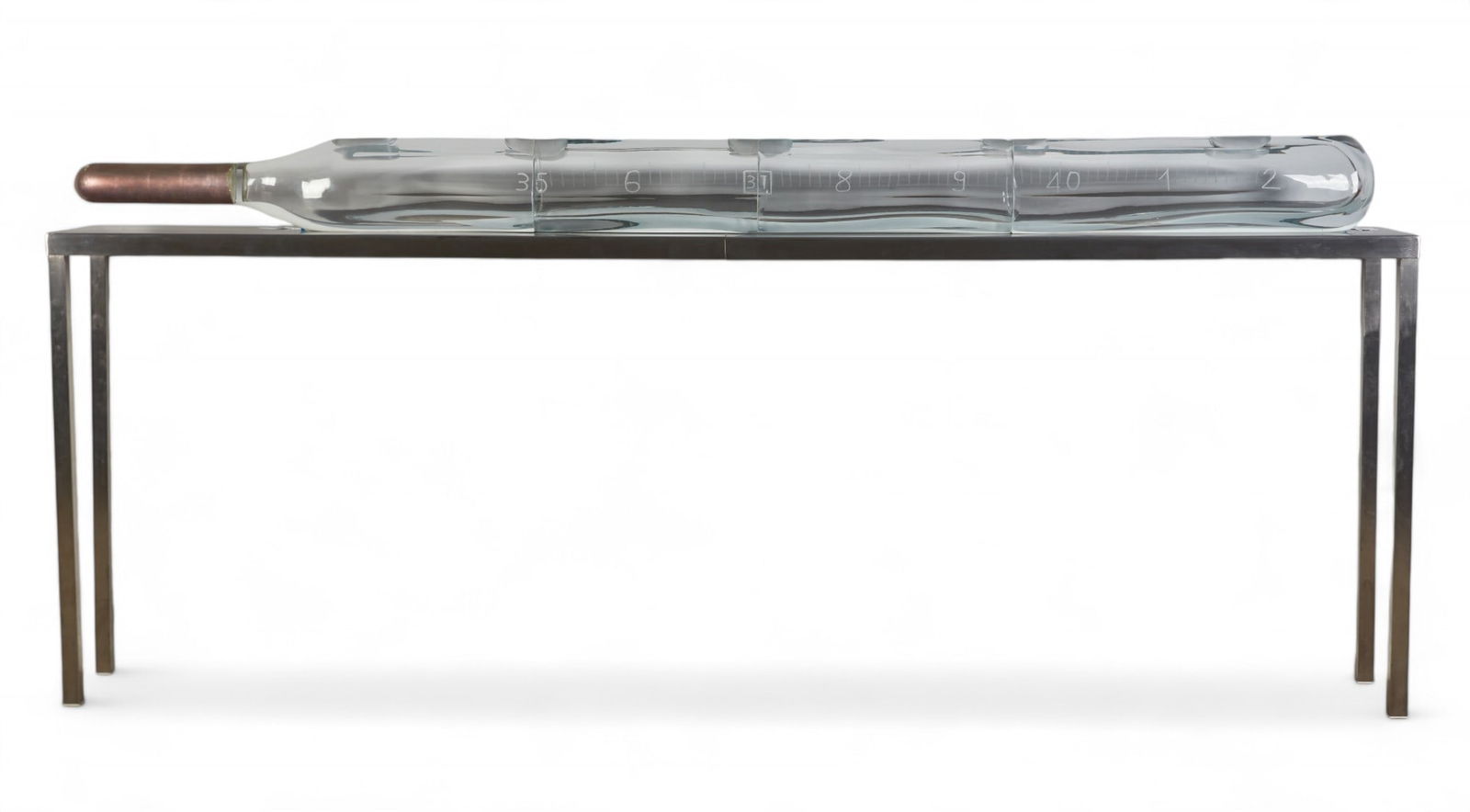 Shen Yuan (Chinese, b. 1959), Poikilotherme, 2008, murano glass, glass height approximately 9in: Shen Yuan Chinese b. 1959 Poikilotherme, 2008 murano glass atop stainless steel table, number two from an edition of three glass height approximately 9in (22.5cm); length 119in (297.5cm); width 7in (1