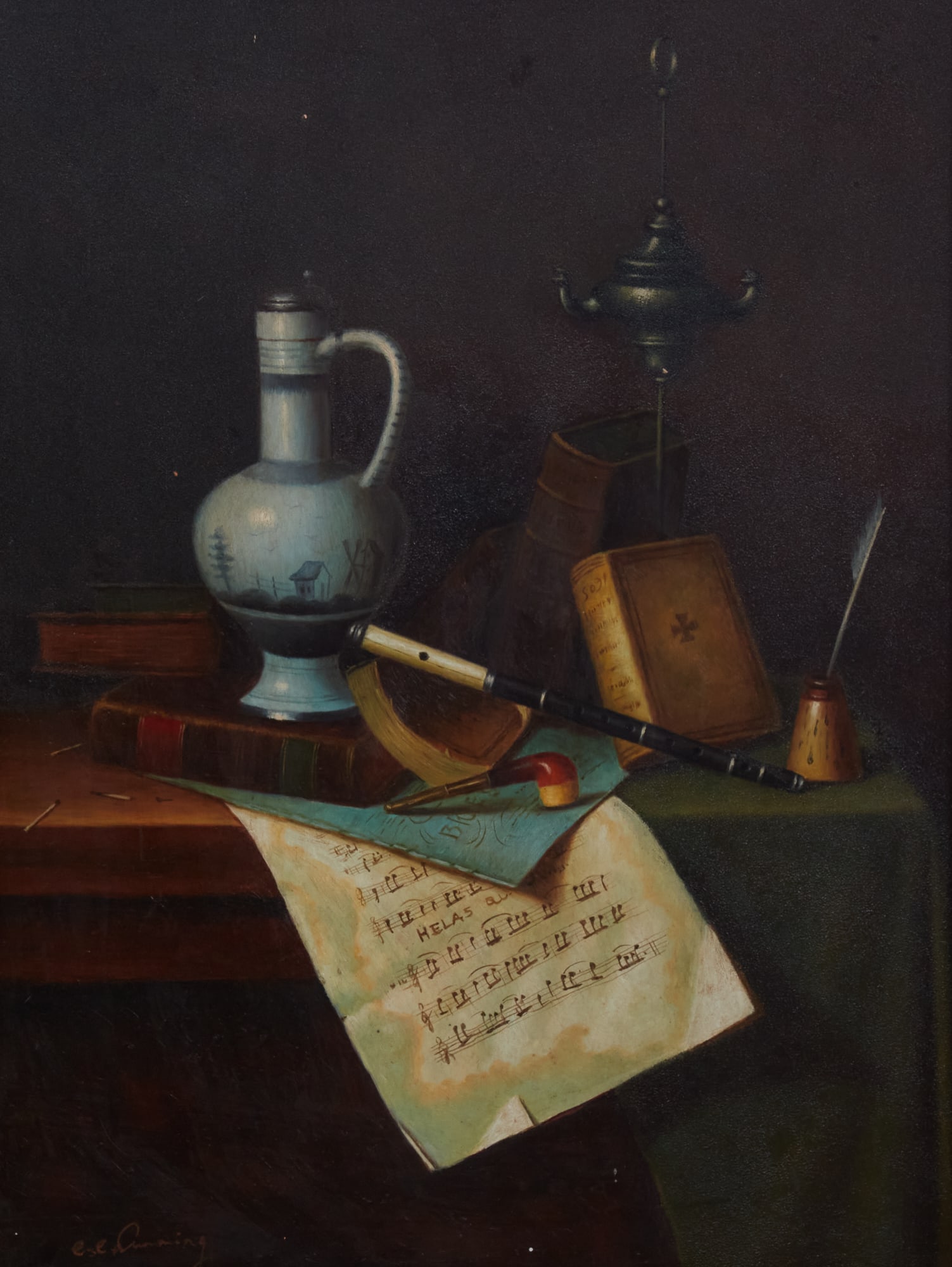 A still life painting with flute and sheet music (1 of 4)