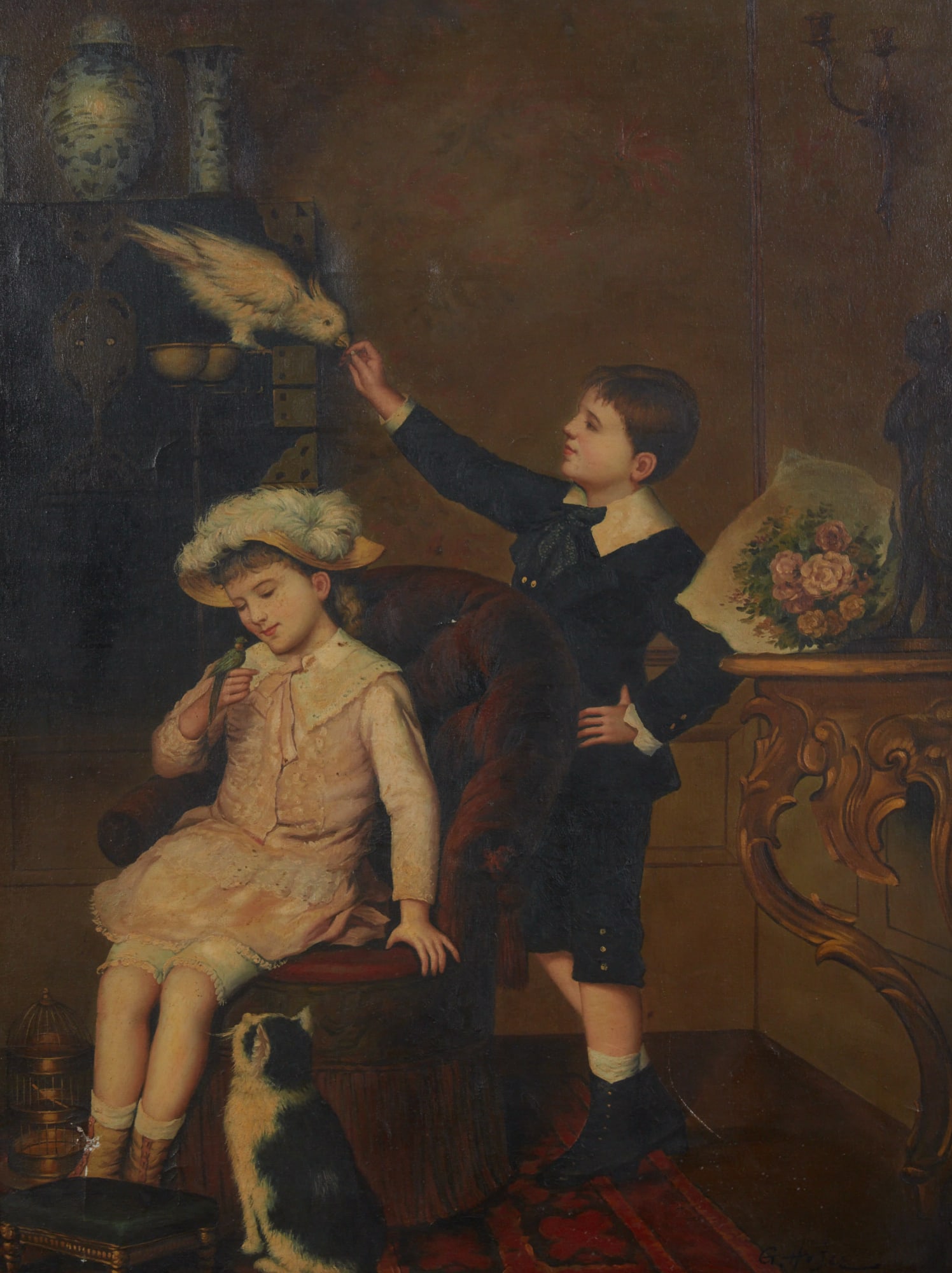 A painting of a boy and a girl feeding a bird: A painting of a boy and a girl feeding a bird Framed: 51 x 42 in. (129.5 x 106.7 cm.)