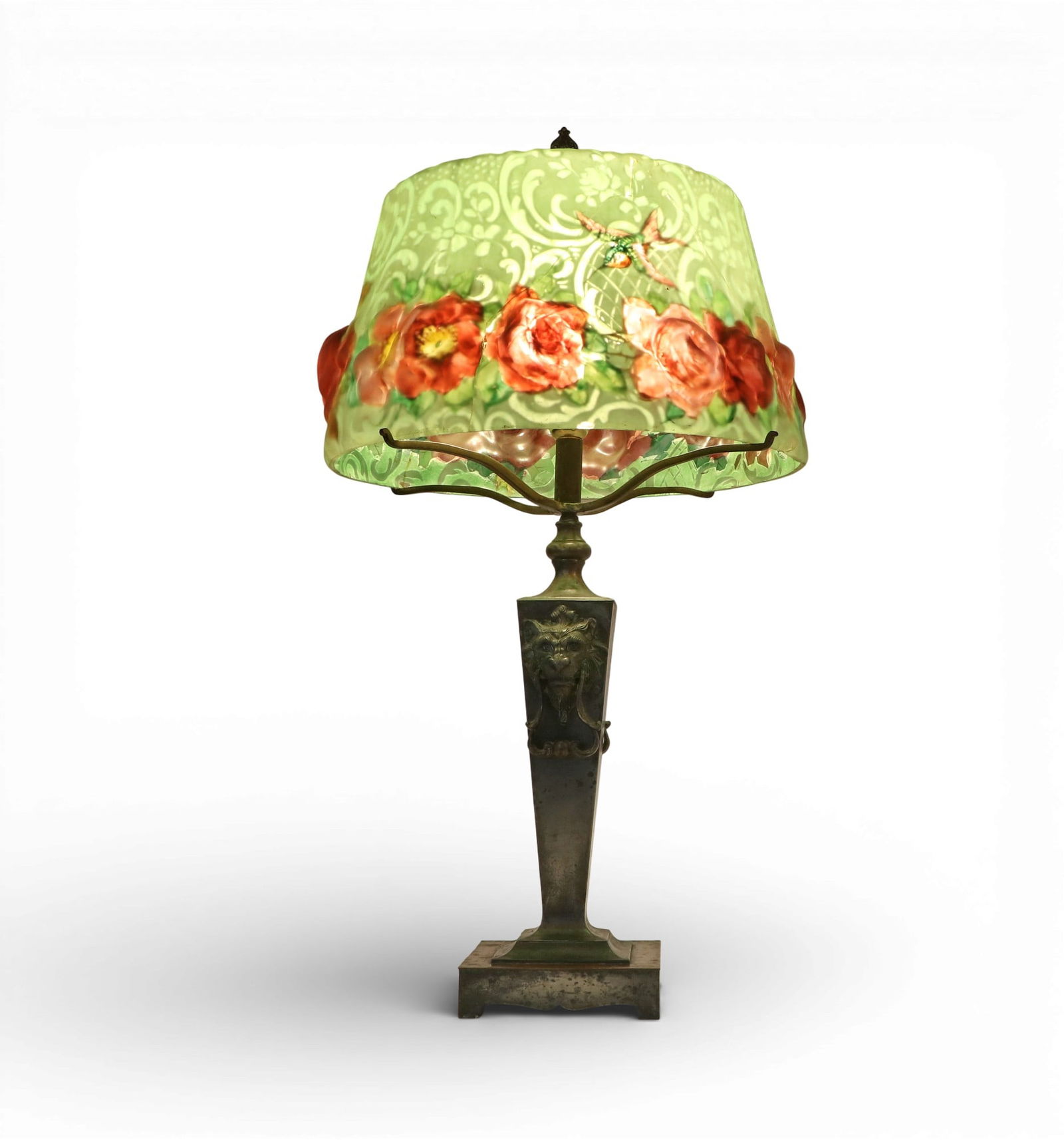 An American glass and patinated metal table lamps, Shade possibly Pairpoint, 20th century (1 of 6)