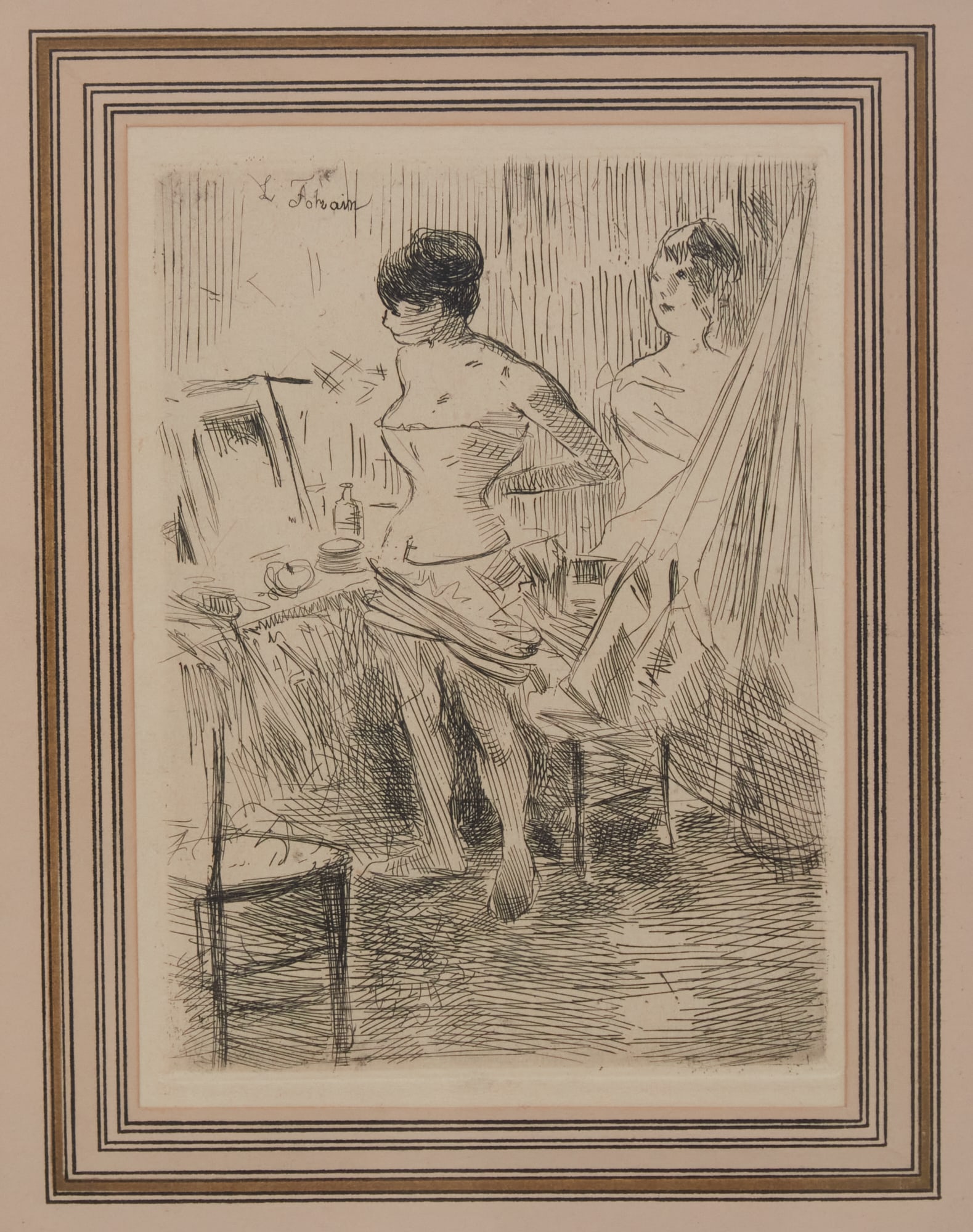 Jean-Louis Forain (French, 1852-1931), Backstage, etching in black ink on wove paper, 7 x 5 in.: Jean-Louis Forain French 1852-1931 Backstage etching in black ink on wove paper signed in plate to upper left 7 x 5 in. (17.8 x 12.7 cm.)