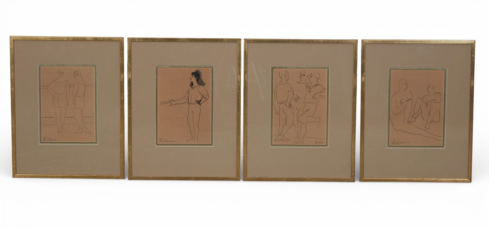 After Pablo Picasso (Spain, 1881-1973), Dansers, four framed prints, reproductions on cream papers.,: After Pablo Picasso Spain 1881-1973 Dansers, four framed prints reproductions on cream papers. A set of four framed picasso prints 10 x 7 in (25.5 x 18cm)