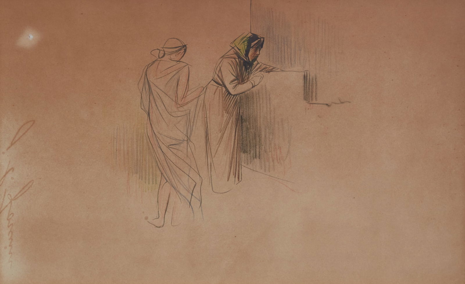 Jean-Louis Forain (French, 1852-1931), Untitled, two figures, conte, ink, and pencil on cream Japan: Jean-Louis Forain French 1852-1931 Untitled, two figures conte, ink, and pencil on cream Japan paper on cream paper 10 x 15in (25.5 x 38cm)