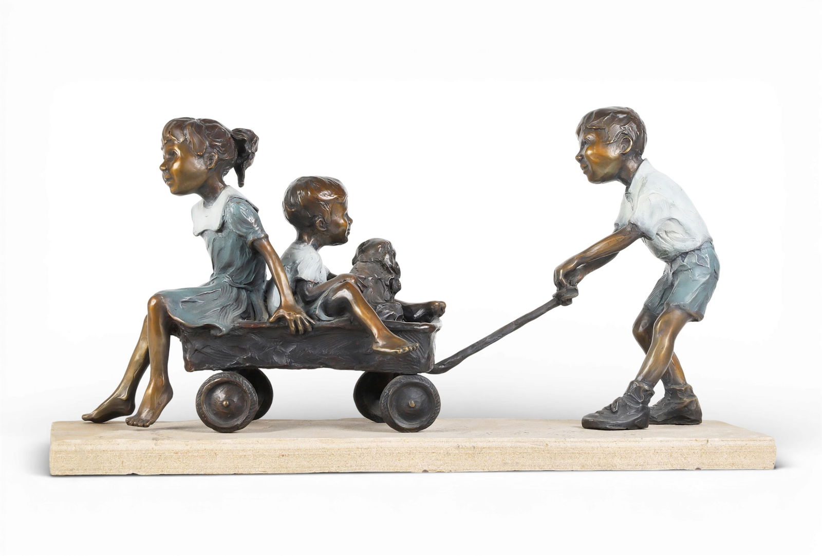 A modern bronze figural group of children and a dog in a child's wagon, Jane DeDecker (American, b. (1 of 6)