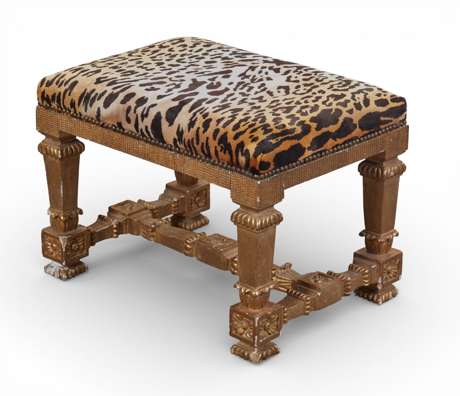 A regency style carved wood stool with leopard print upholstery (1 of 4)