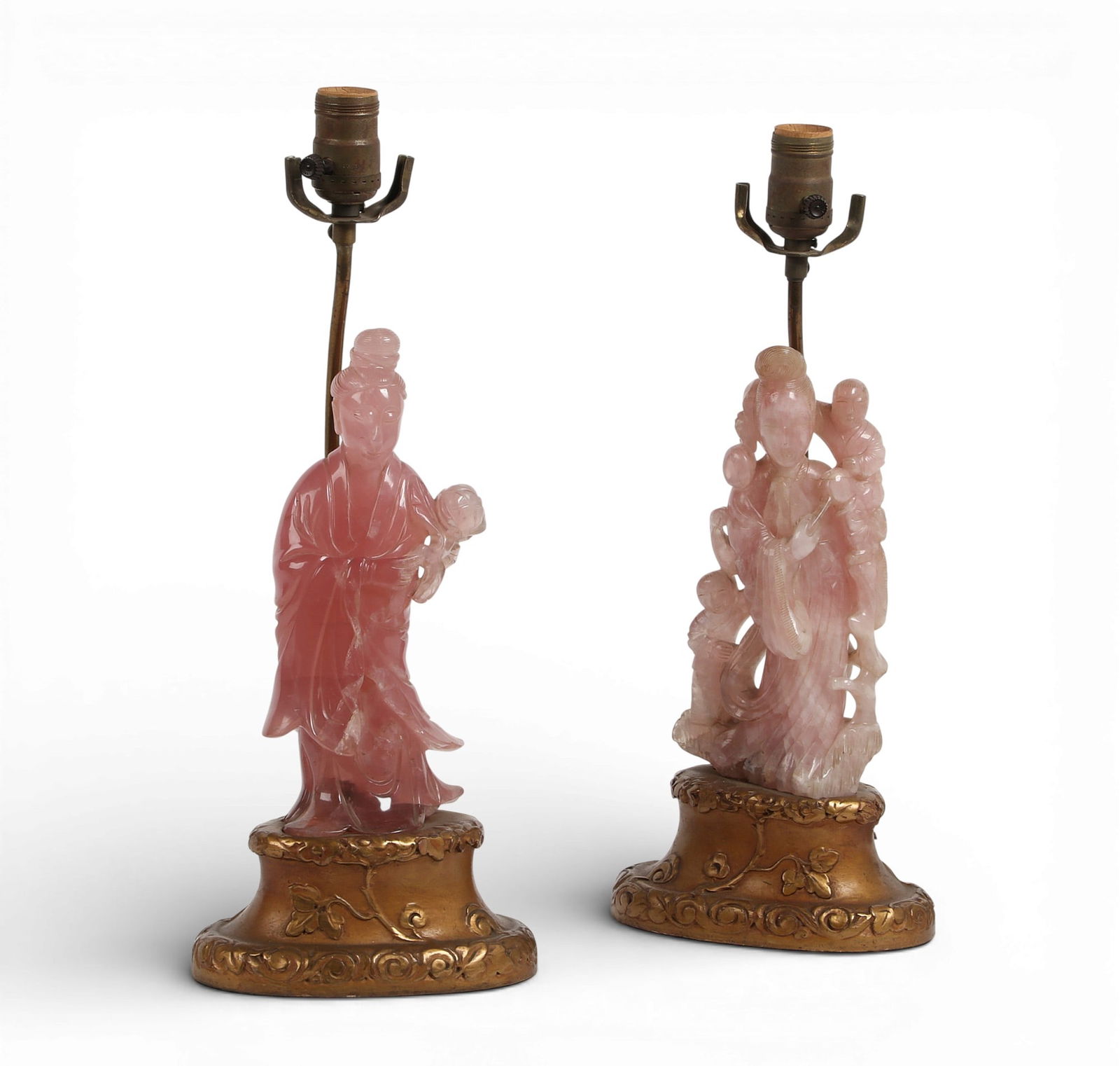 A group of two rose quartz carved figures now mounted as lamps (1 of 5)
