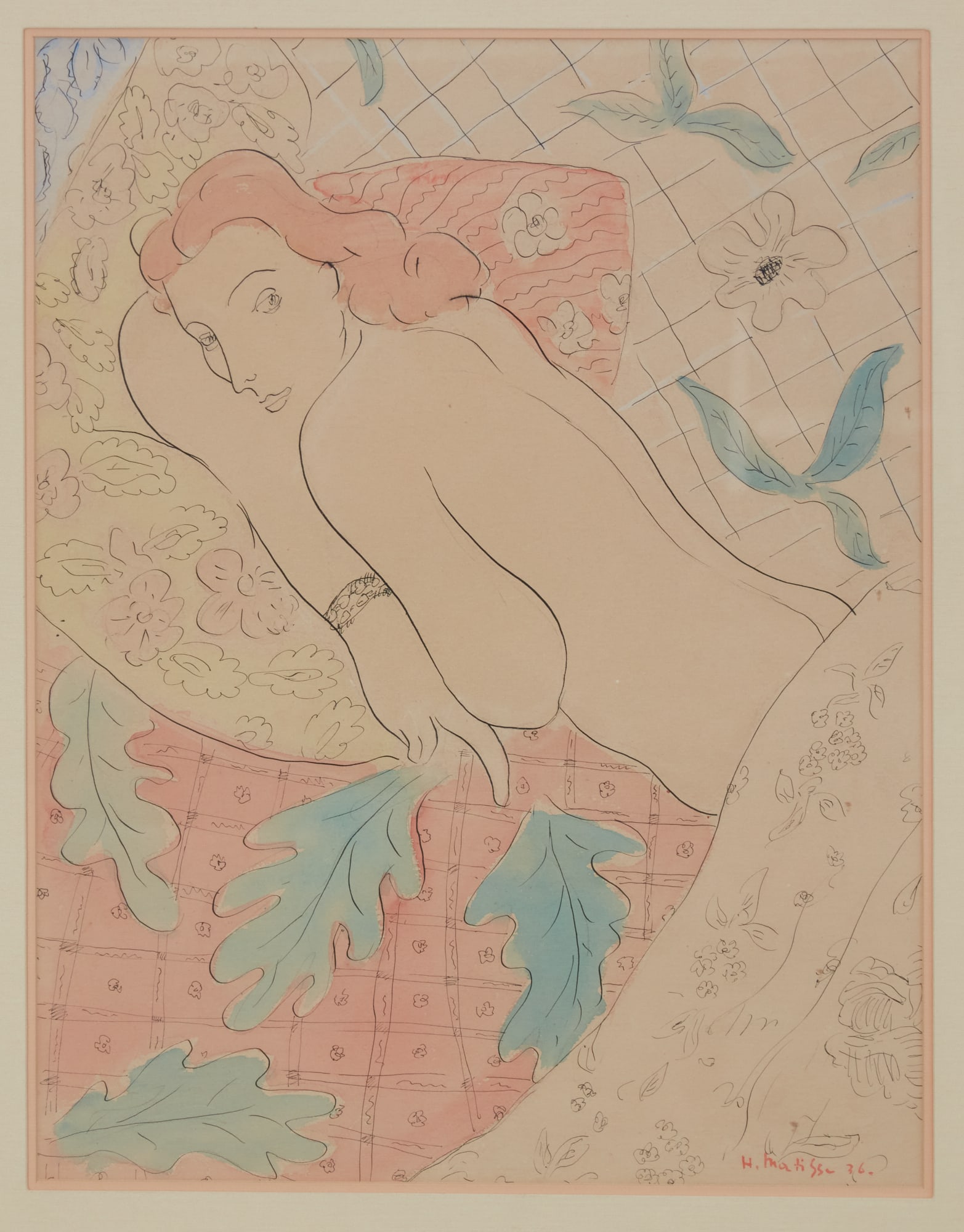 In the manner of Henri Matisse (France, 1869-1954), Reclining nude, pencil, ink, and watercolor on: In the manner of Henri Matisse France 1869-1954 Reclining nude pencil, ink, and watercolor on stiff wove paper inscribed and signed (not by Matisse in pencil to verso) 25 x 19 1/2 in. (63.5 x 49.5 cm.