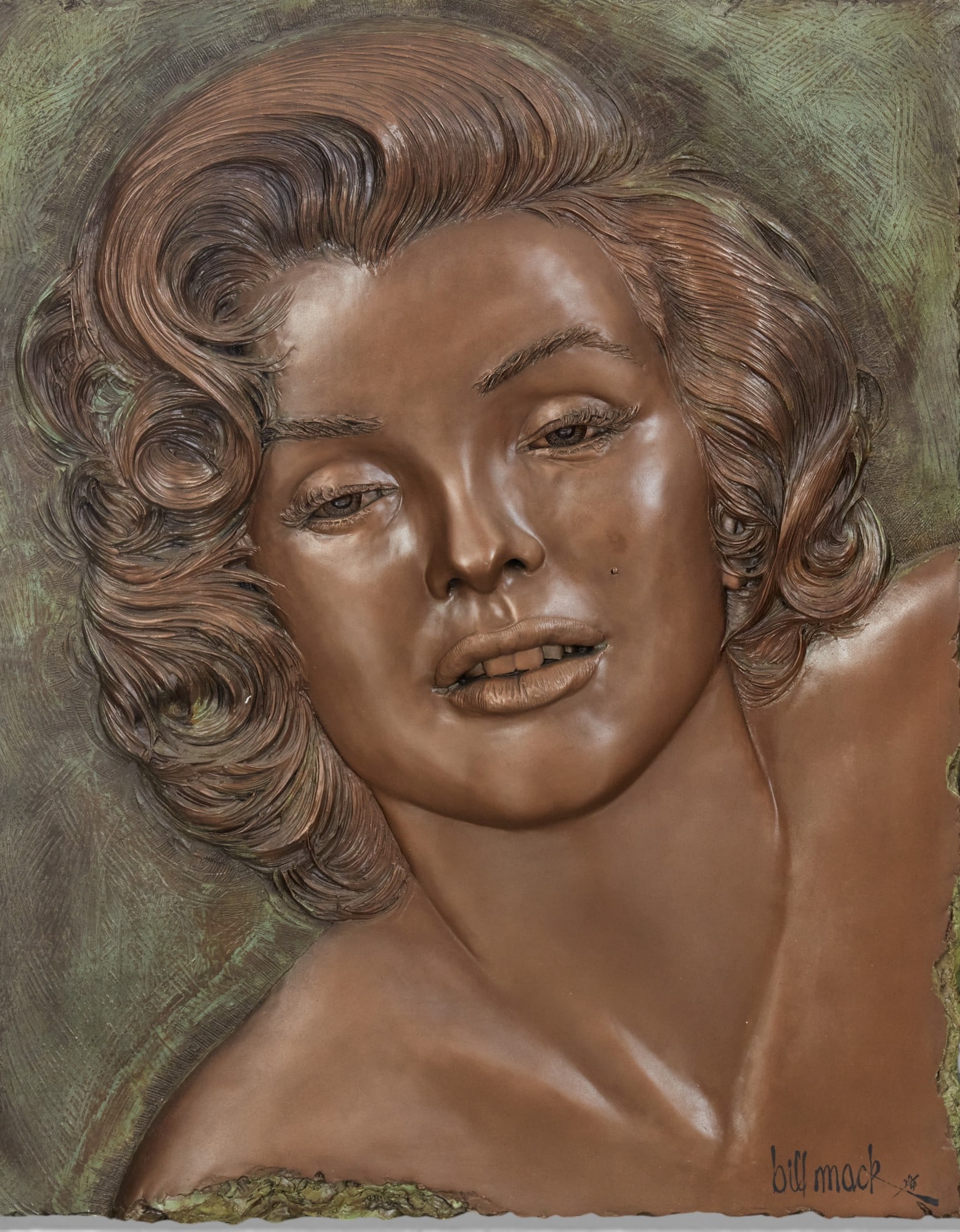 Bill Mack (American, 1949), Marilyn Monroe bonded bronze sculpture, sculpture in black lacquered: Bill Mack American 1949 Marilyn Monroe bonded bronze sculpture sculpture in black lacquered frame overall size: 51 x 41 in. (129.5 x 104.1 cm.)