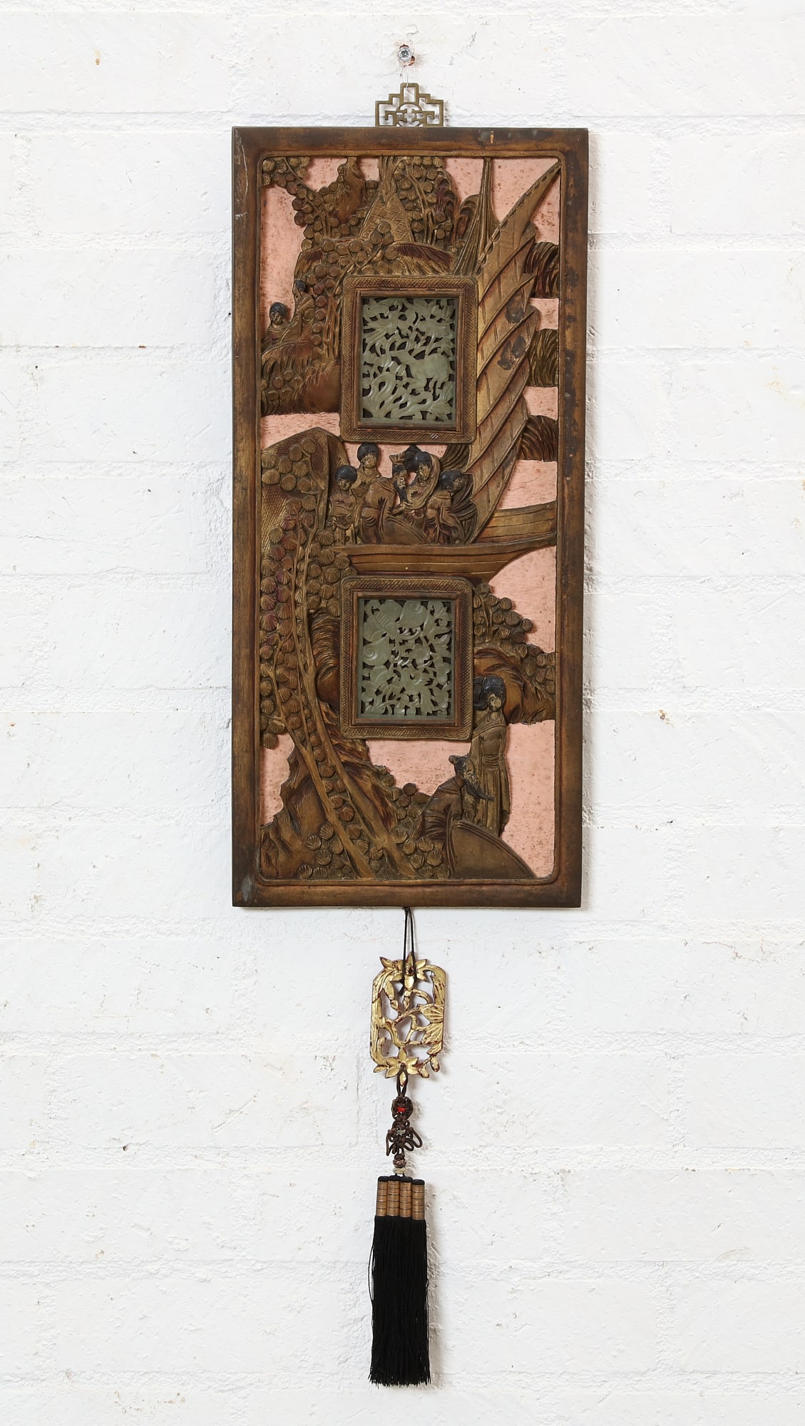 A Chinese hardstone inset parcel gilt scenic panel: A Chinese hardstone inset parcel gilt scenic panel the frame height 26in (66m); width 11 3/4in (30cm)