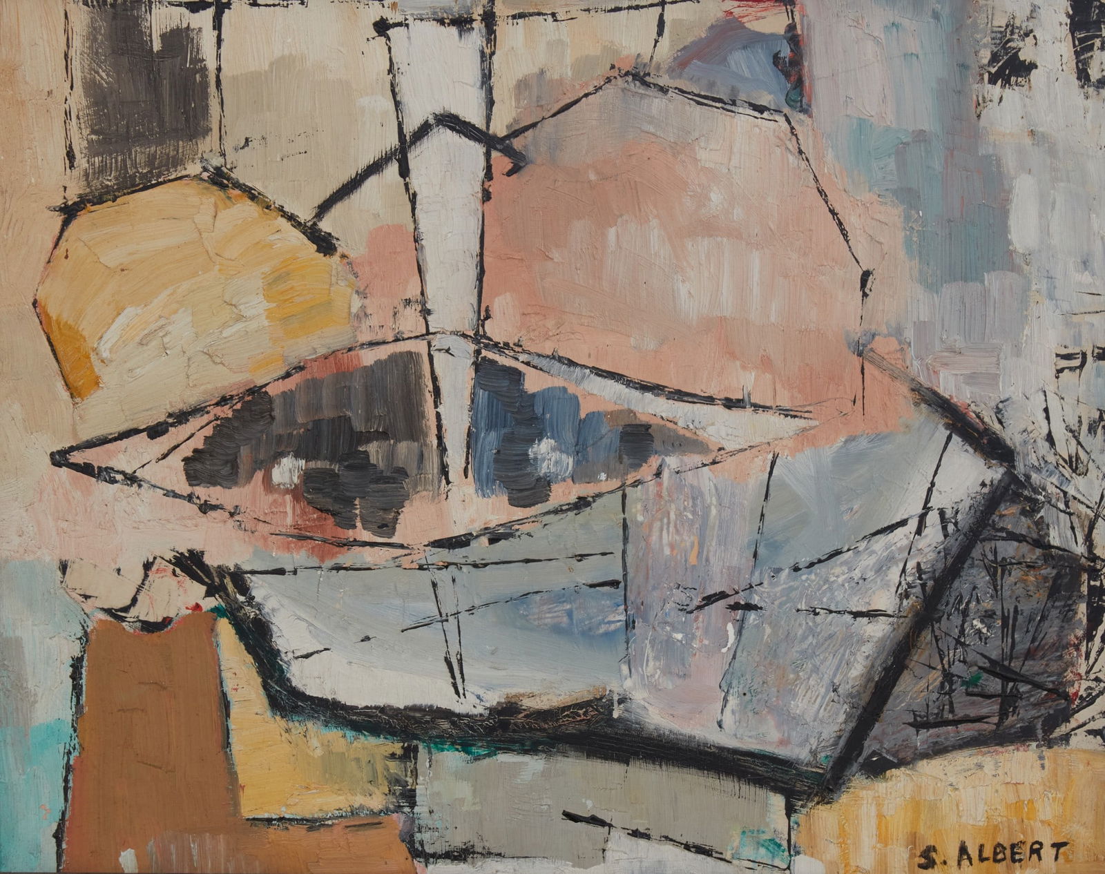 Sara Albert , Abstract Art, oil on board, Framed: 17 1/2 x 21 1/2 in. (44.5 x 54.6 cm.): Sara Albert Abstract Art oil on board signed bottom right Framed: 17 1/2 x 21 1/2 in. (44.5 x 54.6 cm.)