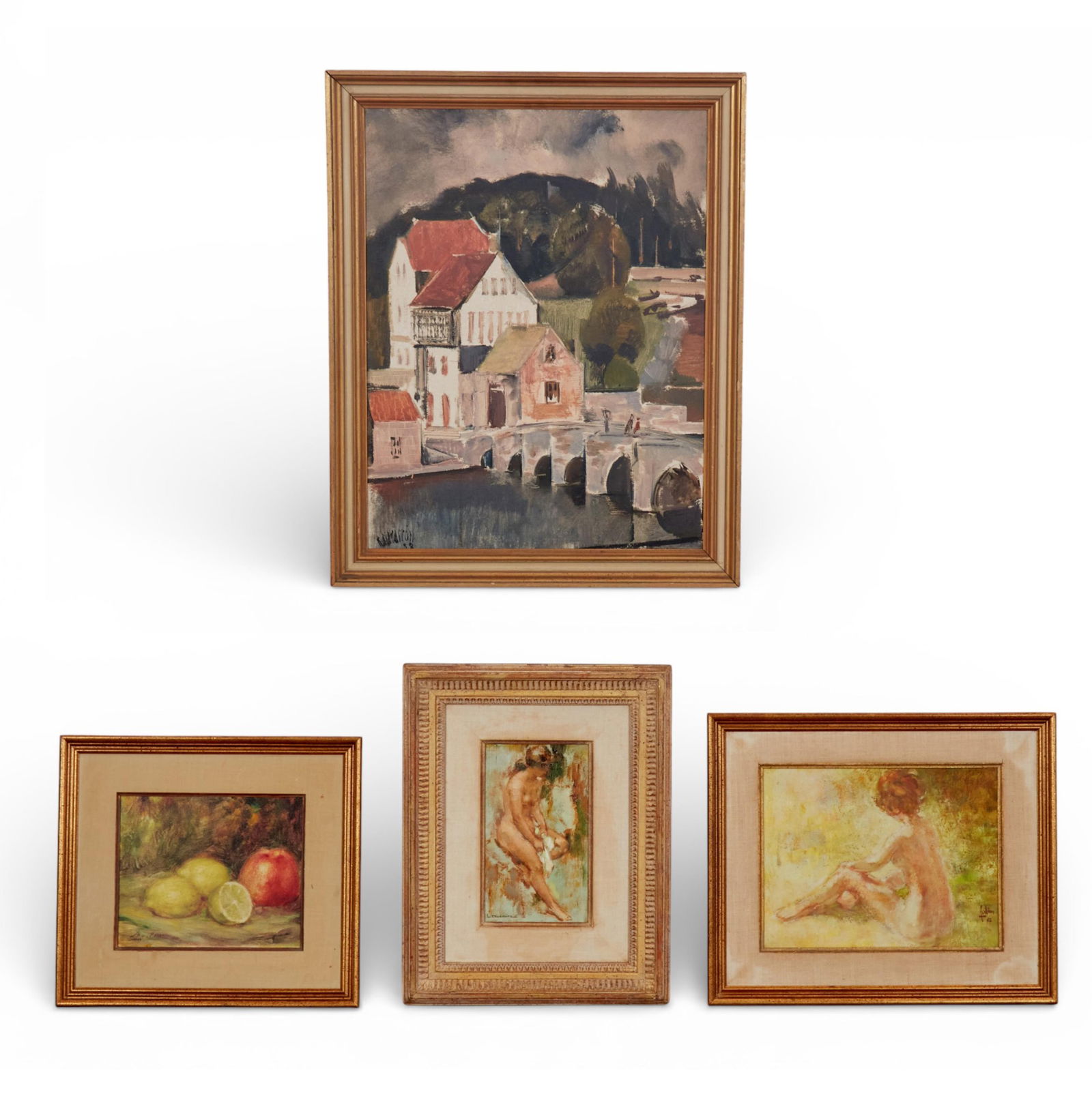 A group of four 20th century oil paintings: A group of four 20th century oil paintings Comprising an oil on board of a view of buildings and a bridge over water by Ricardo Macarron (Spanish, 1926-2004); an oil on canvas of a seated female nude