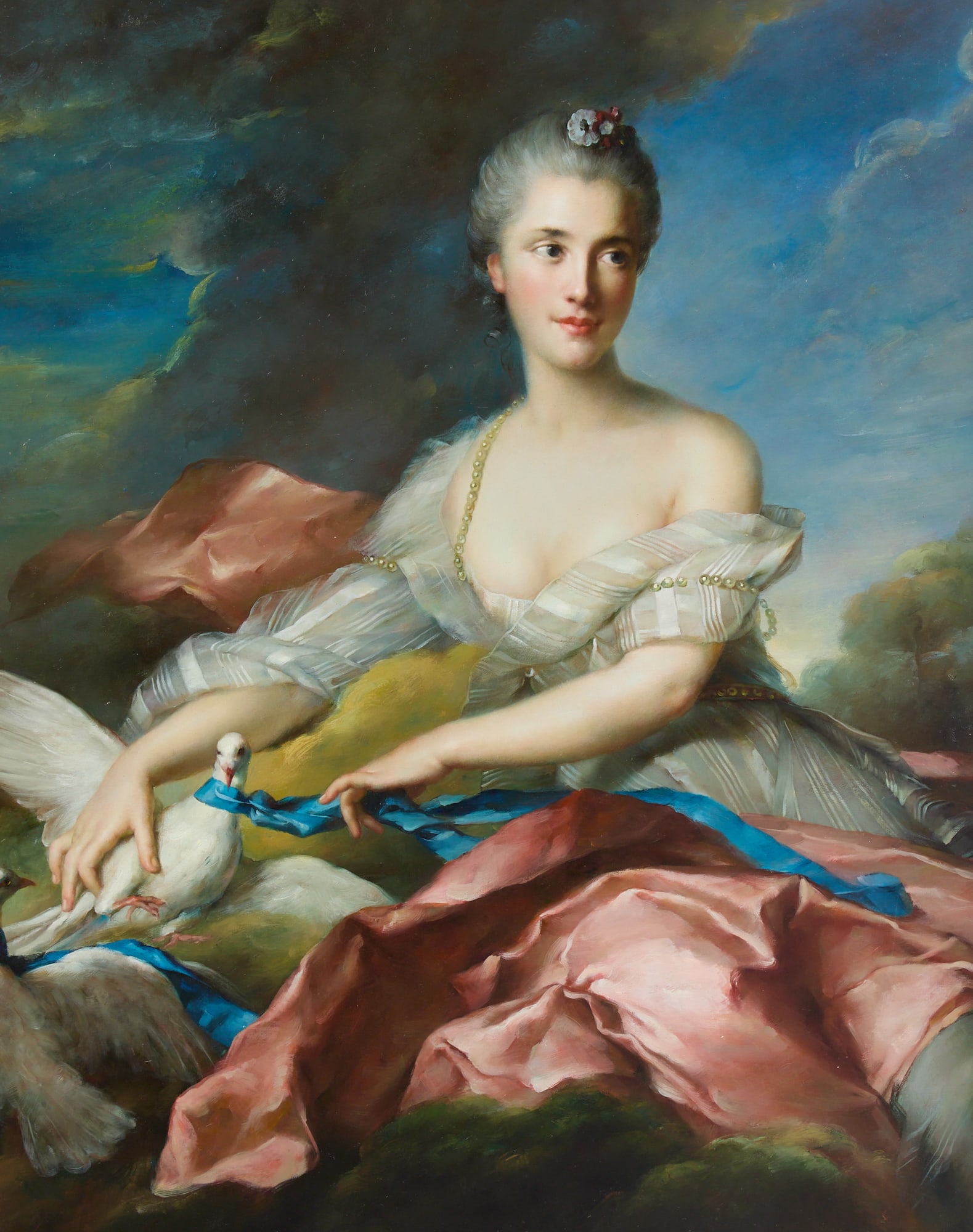 After Jean-Marc Nattier (France, 1685-1766), Portrait of Elizabeth Rigoly d'Ogny as "Aurora", oil on: After Jean-Marc Nattier France 1685-1766 Portrait of Elizabeth Rigoly d'Ogny as "Aurora" oil on canvas a modern 20th Century reproduction. 40 x 30 in (101 x 76 cm) Provenance: Property from the Estate