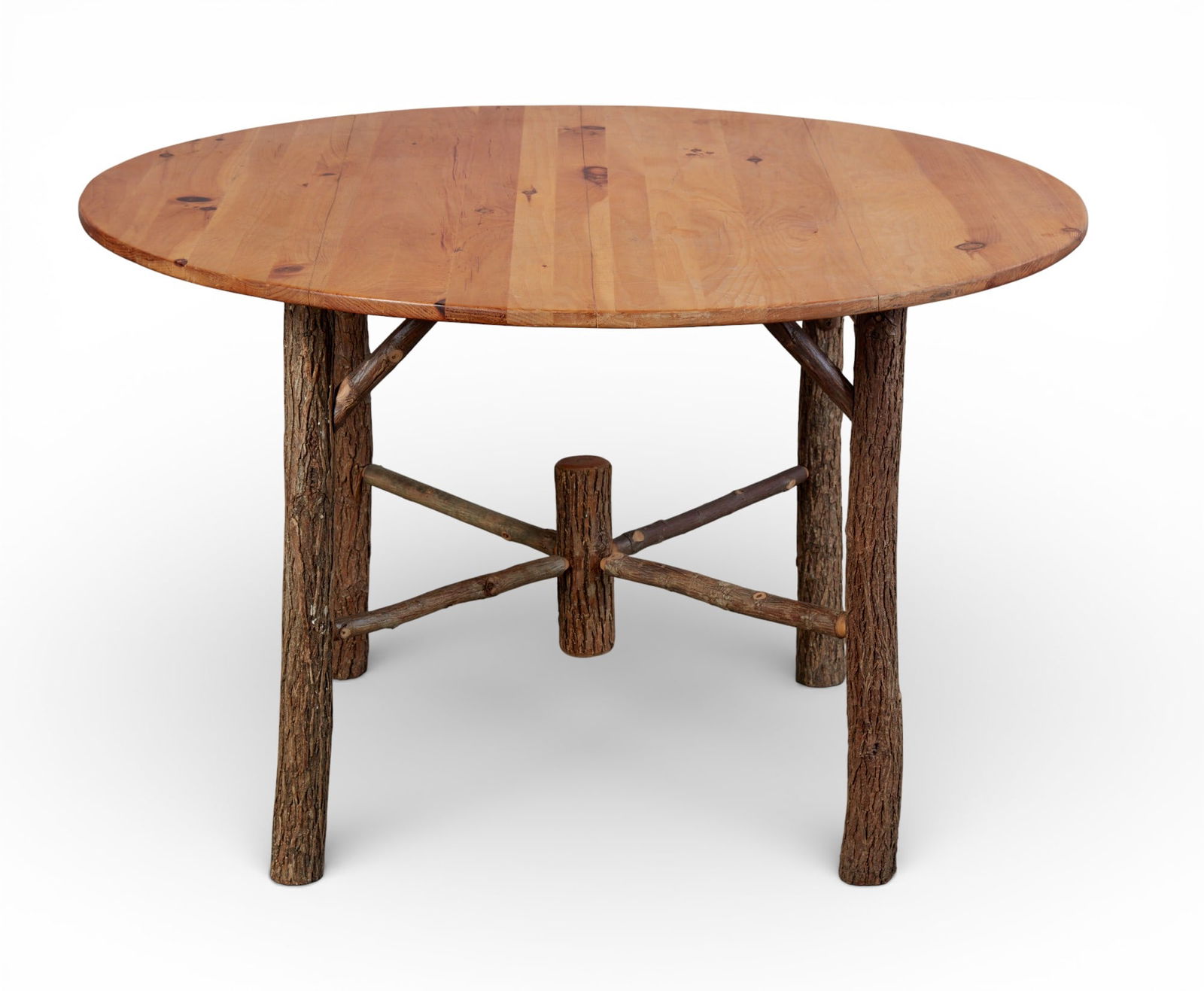 A rustic round table with pine top - 2