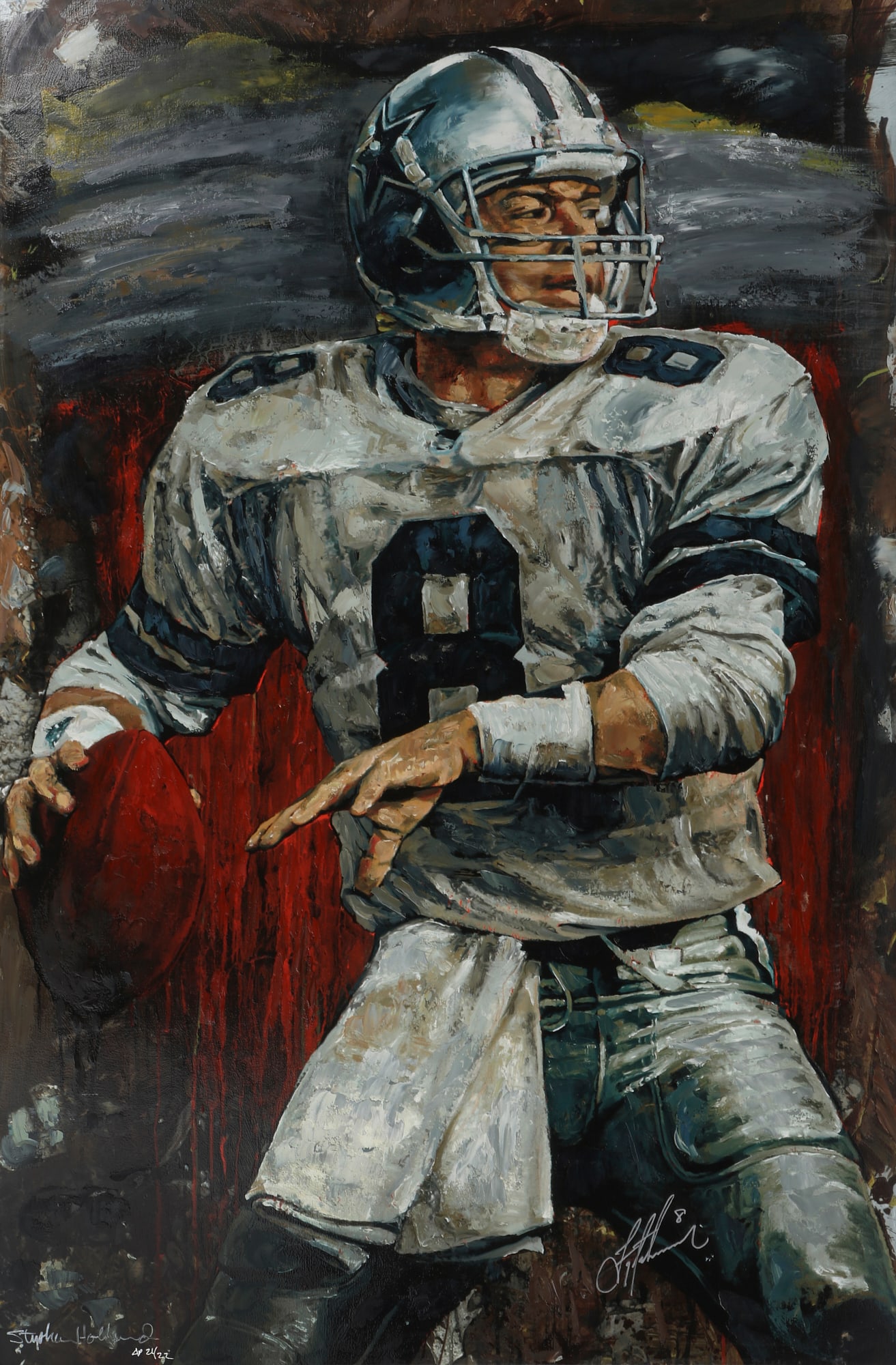 Stephen Holland (American, b. 1941), Troy Aikman, signed, serigraph with hand in-painting on canvas,: Stephen Holland American b. 1941 Troy Aikman, signed serigraph with hand in-painting on canvas signed in silver marker by Troy Aikman and Stephen Holland and editioned AP 21/22 to lower edges; 2001